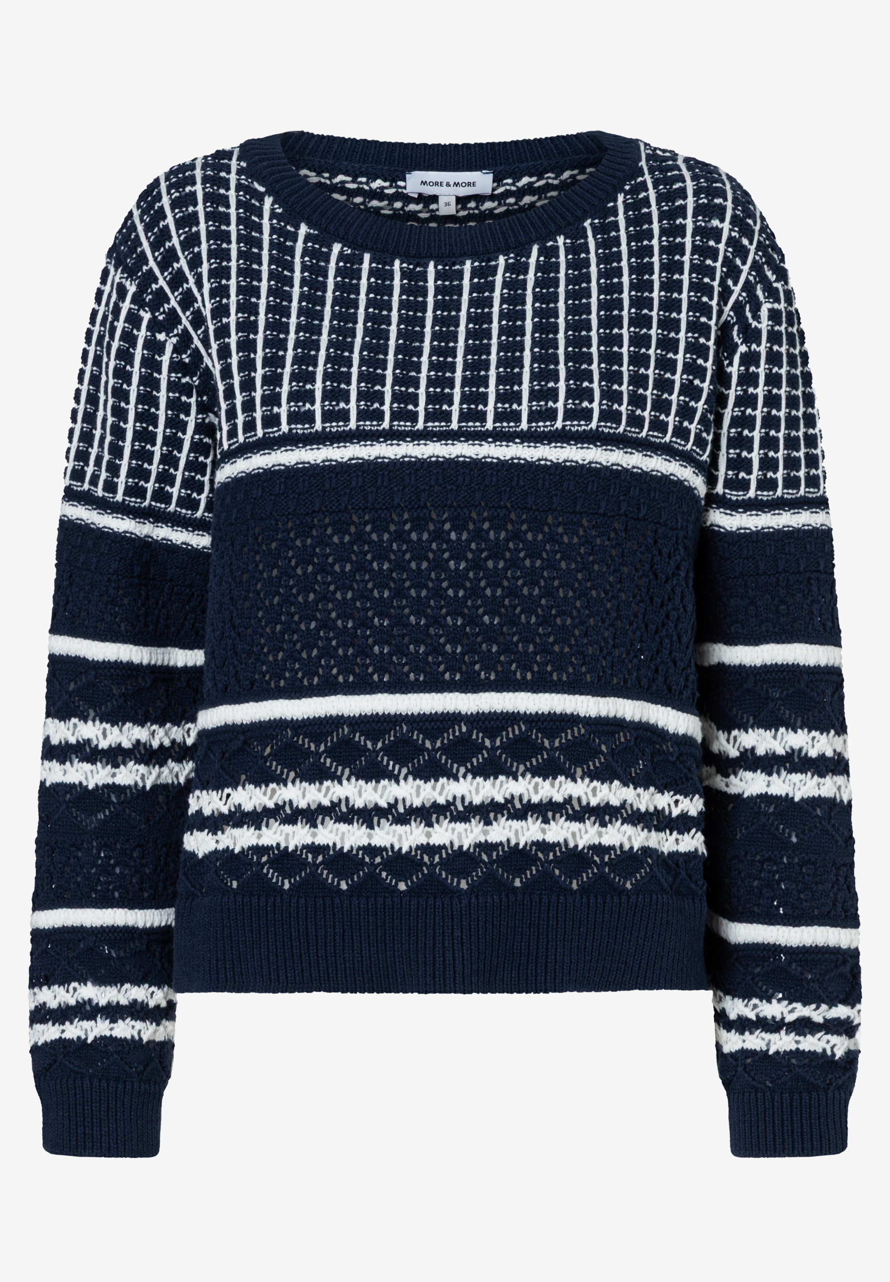 Ein marineblauer Strickpullover von MORE & MORE mit weißen horizontalen und vertikalen Streifen. Ein marineblauer Strickpullover von MORE & MORE mit weißen horizontalen und vertikalen Streifen.