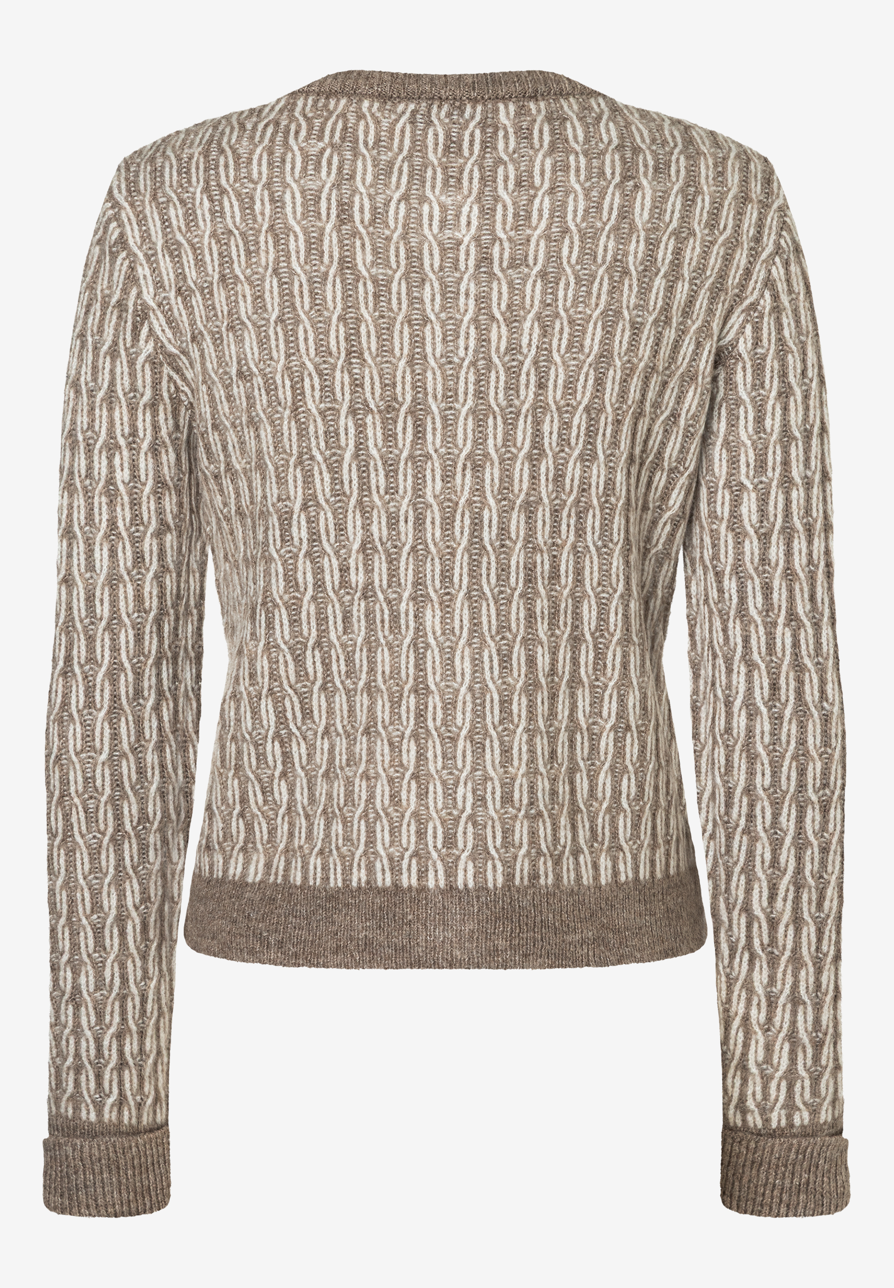 Ein MORE & MORE Strickpullover mit Jacquardmuster in Braun- und Weißtönen. Ein MORE & MORE Strickpullover mit Jacquardmuster in Braun- und Weißtönen.