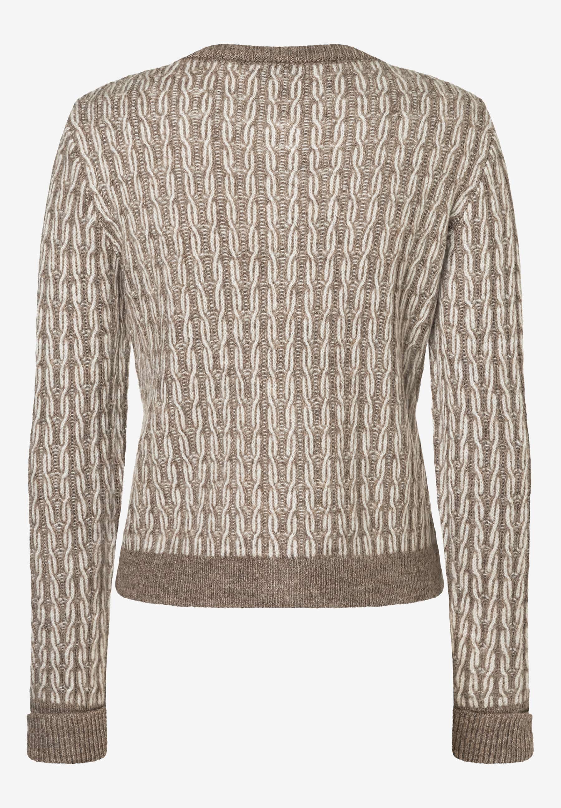 Ein MORE & MORE Strickpullover mit Jacquardmuster in Braun- und Weißtönen. Ein MORE & MORE Strickpullover mit Jacquardmuster in Braun- und Weißtönen.