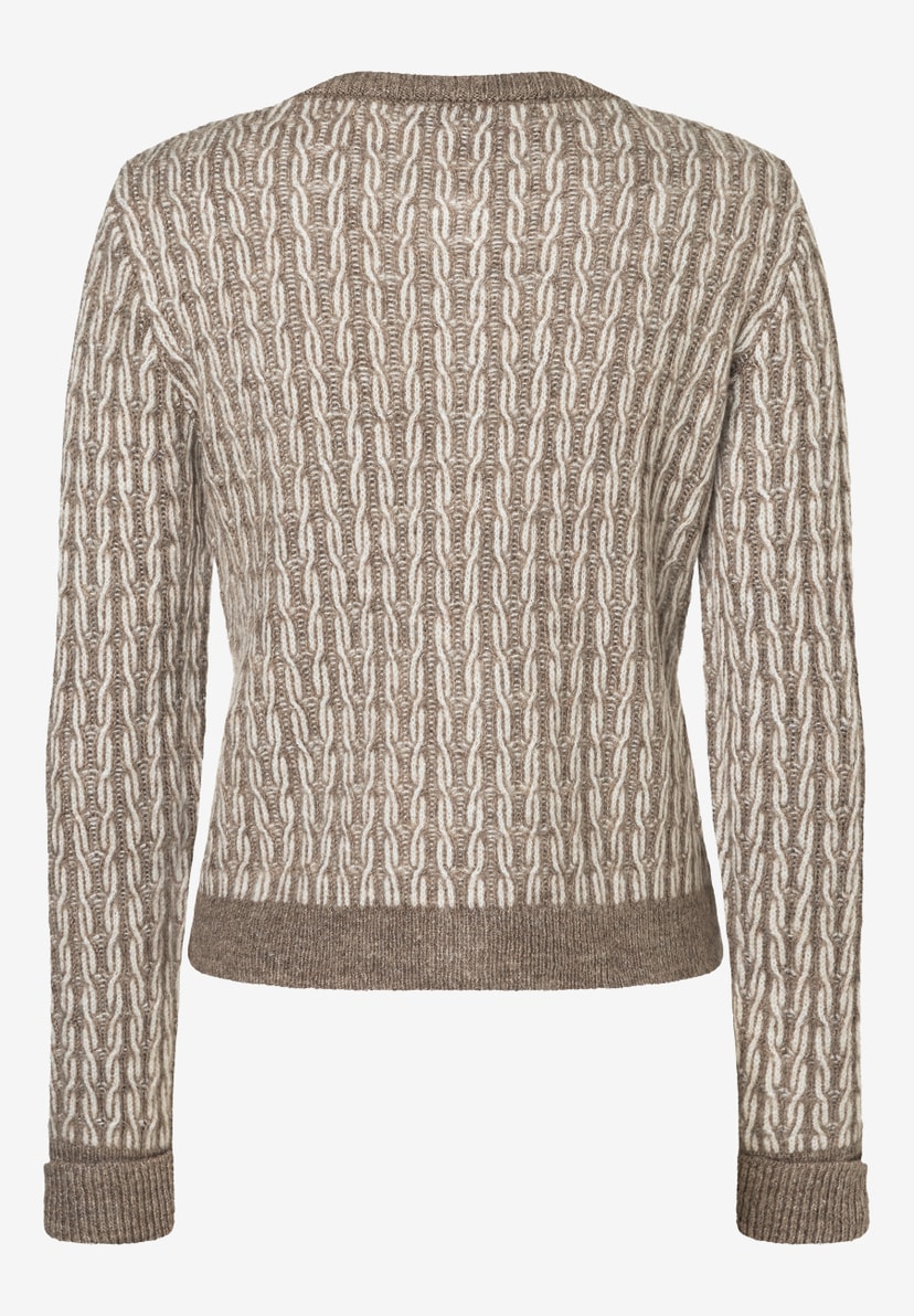 Ein MORE & MORE Strickpullover mit Jacquardmuster in Braun- und Weißtönen. Ein MORE & MORE Strickpullover mit Jacquardmuster in Braun- und Weißtönen.