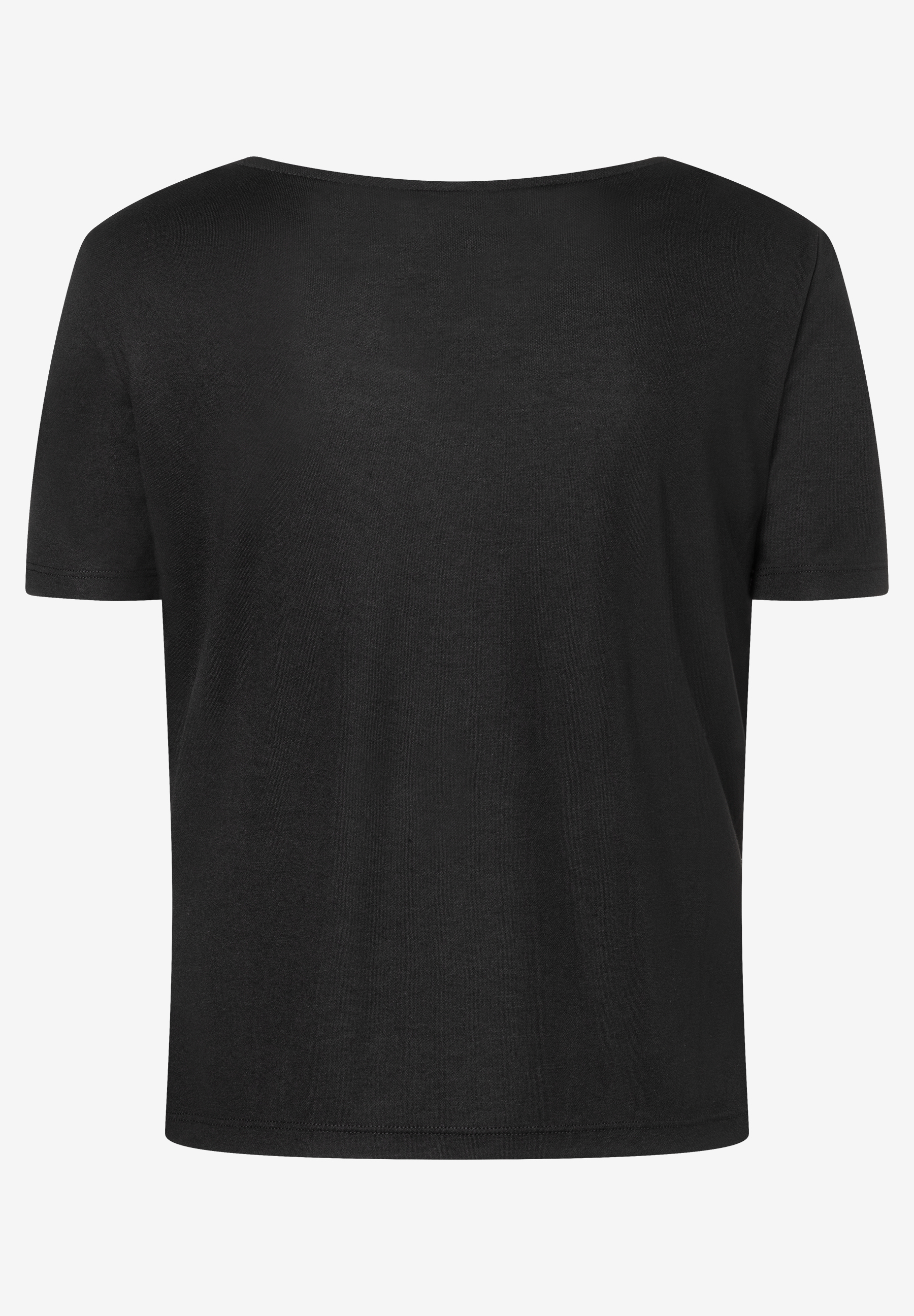 Rückenansicht eines schwarzen MORE & MORE Oberteils aus Jersey mit kurzem Arm und weichem Griff. Rückenansicht eines schwarzen MORE & MORE Oberteils aus Jersey mit kurzem Arm und weichem Griff.