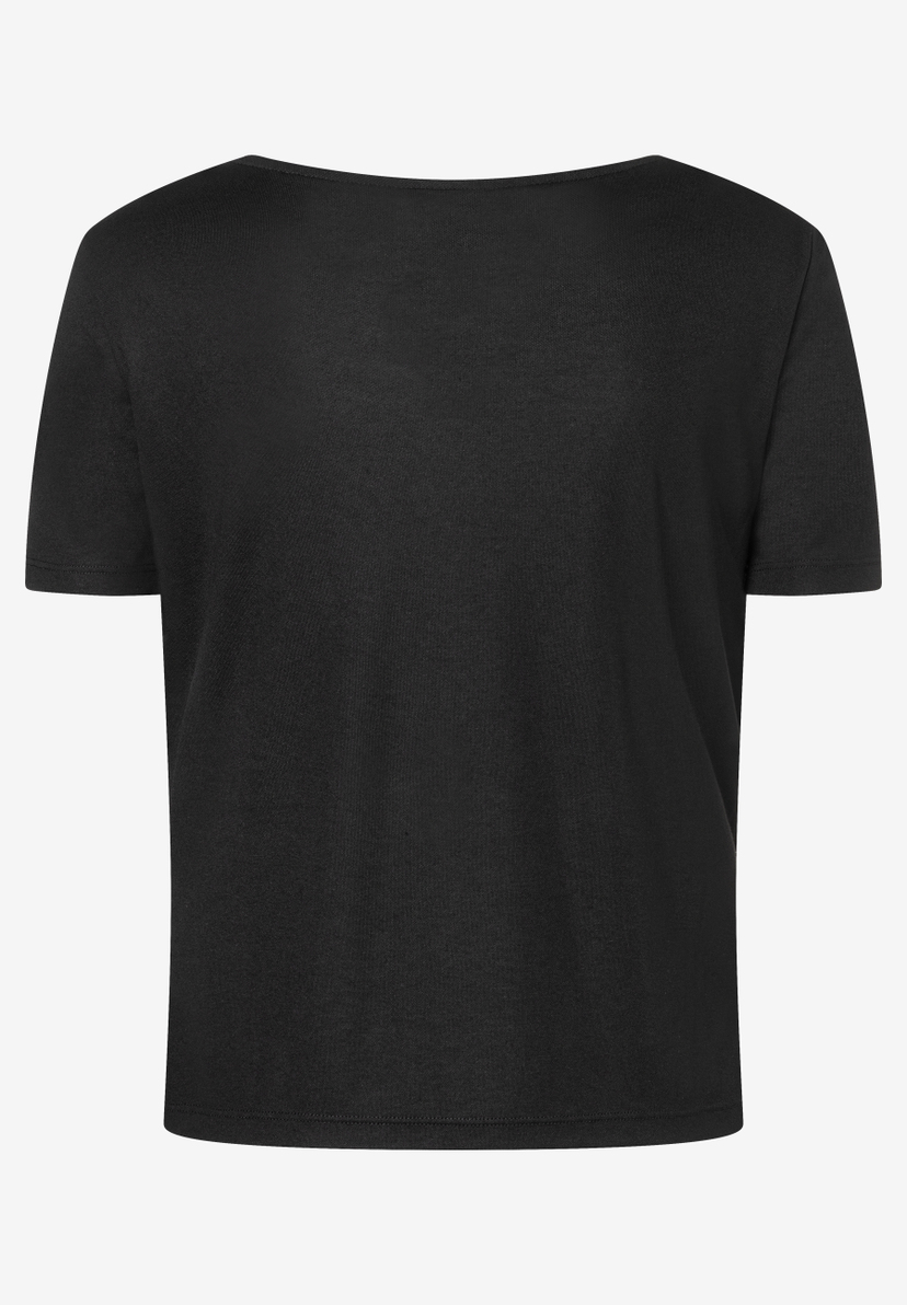 Rückenansicht eines schwarzen MORE & MORE Oberteils aus Jersey mit kurzem Arm und weichem Griff. Rückenansicht eines schwarzen MORE & MORE Oberteils aus Jersey mit kurzem Arm und weichem Griff.