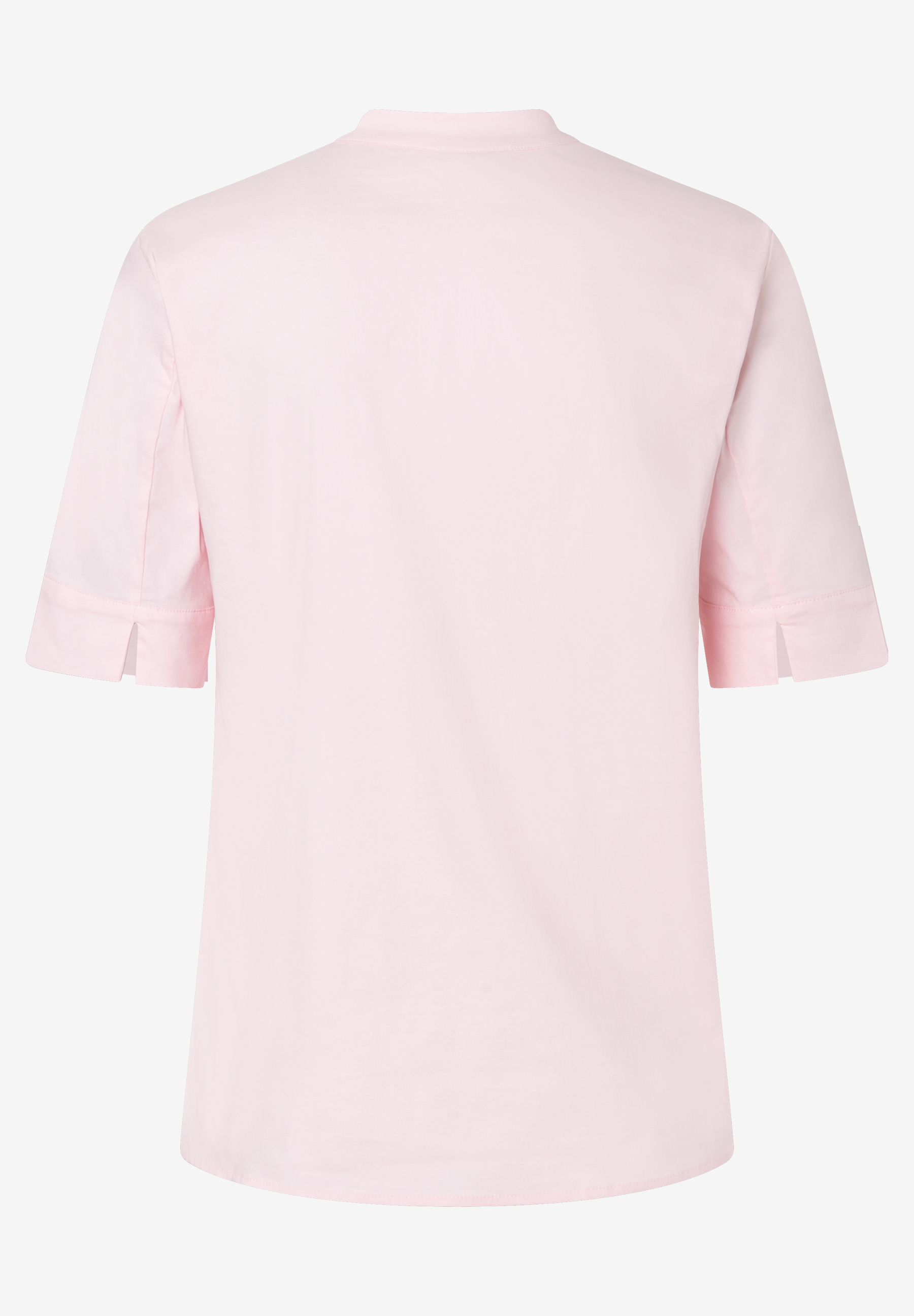 MORE & MORE Damen-Bluse aus rosafarbener Popeline, hinten, mit kurzen Ärmeln und Stehkragen für angenehmen Tragekomfort.