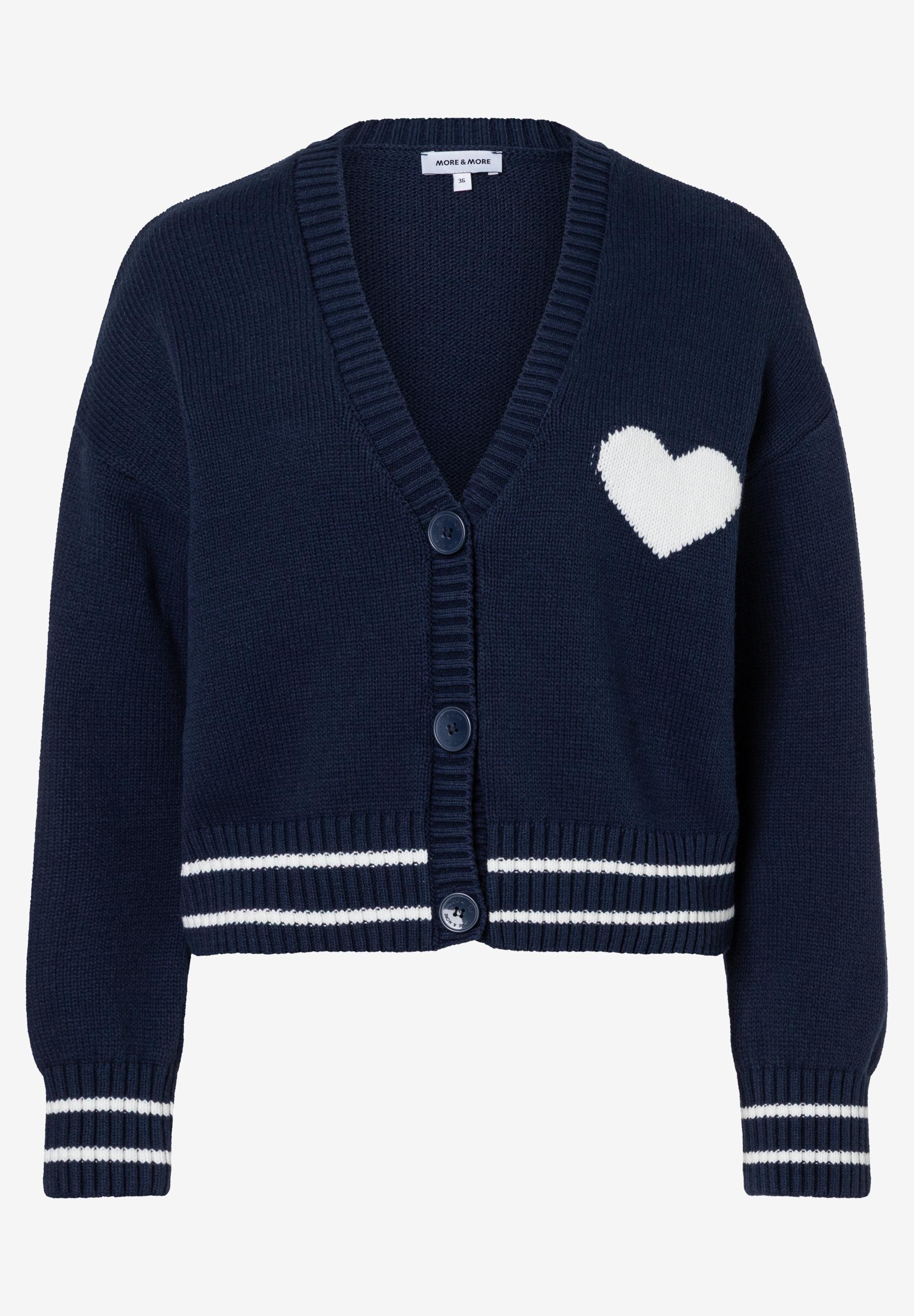 Ein marineblauer Cardigan von MORE & MORE mit weißem Herz und Streifen. Ein marineblauer Cardigan von MORE & MORE mit weißem Herz und Streifen.