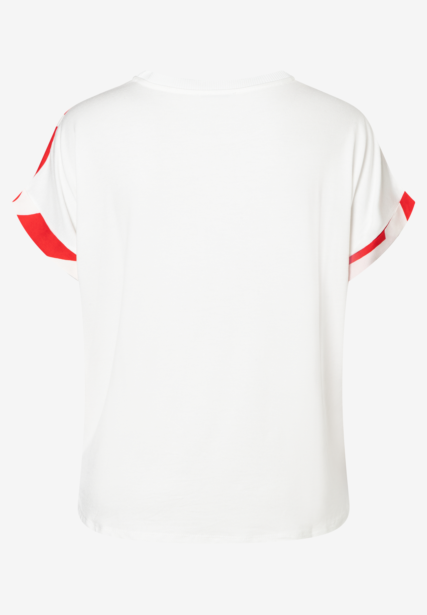Ein weißes MORE & MORE T-Shirt mit roten Akzenten an den Ärmeln, Jersey und fließendem Material für angenehmen Tragekomfort. Ein weißes MORE & MORE T-Shirt mit roten Akzenten an den Ärmeln, Jersey und fließendem Material für angenehmen Tragekomfort.