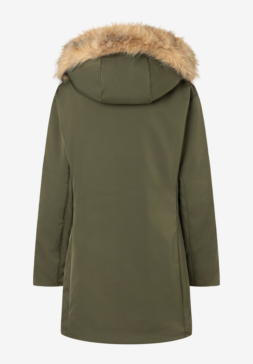 MORE & MORE Damen-Winterjacke in Olivgrün, hinten, mit abnehmbarer Kapuze und pelzbesetztem Rand.
