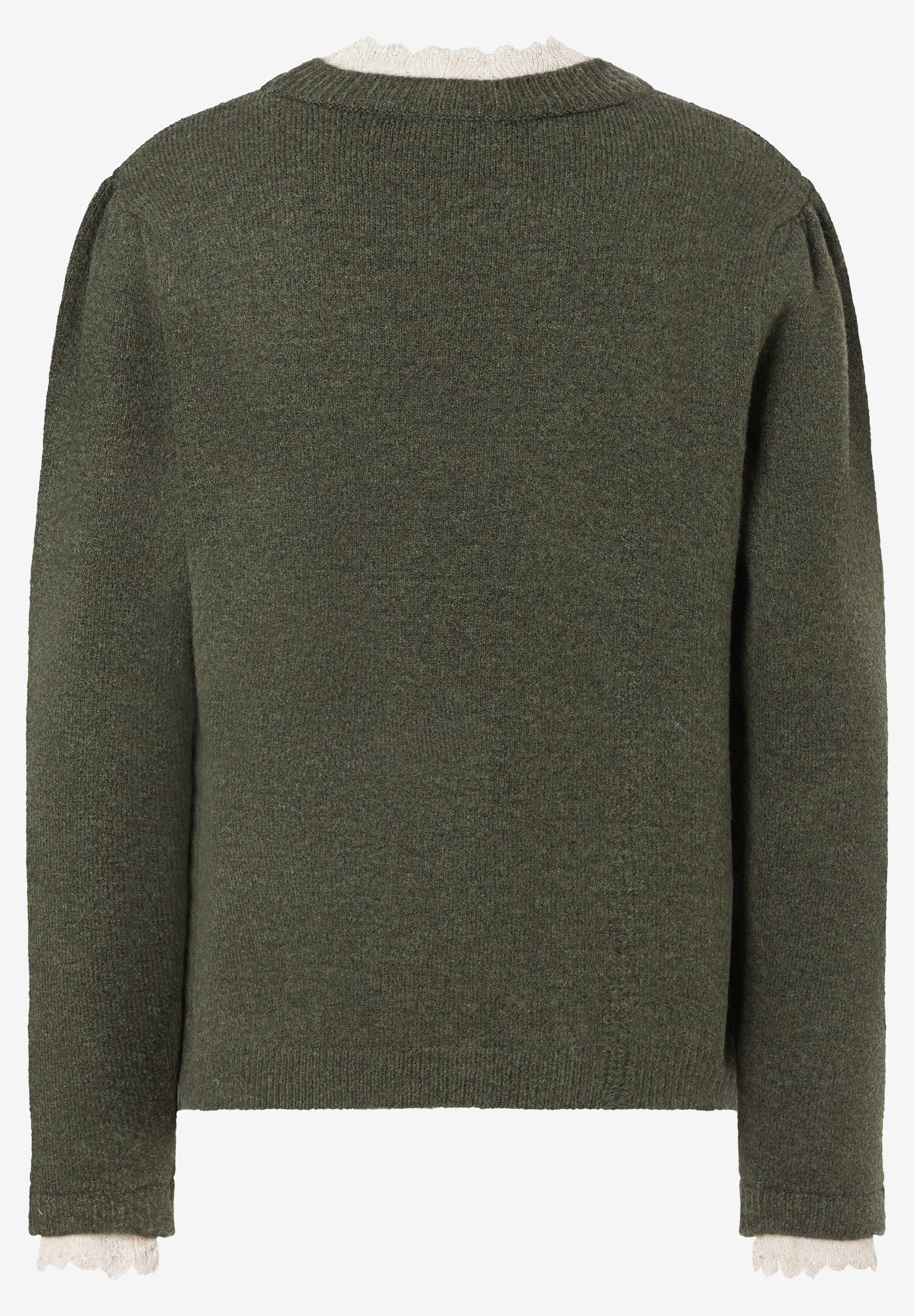 MORE & MORE Pullover: khaki-farbener Strickpullover mit beigem Spitzenbesatz an Halsausschnitt und Ärmelenden.