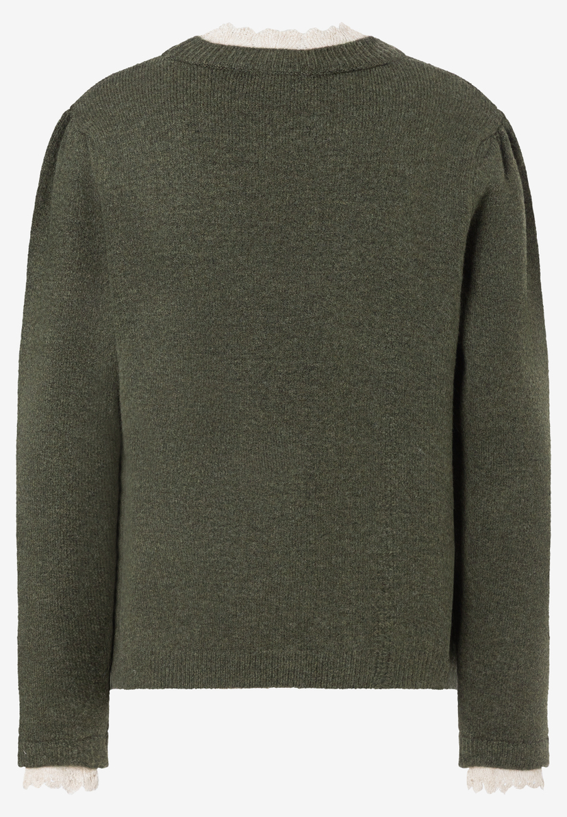 MORE & MORE Pullover: khaki-farbener Strickpullover mit beigem Spitzenbesatz an Halsausschnitt und Ärmelenden.