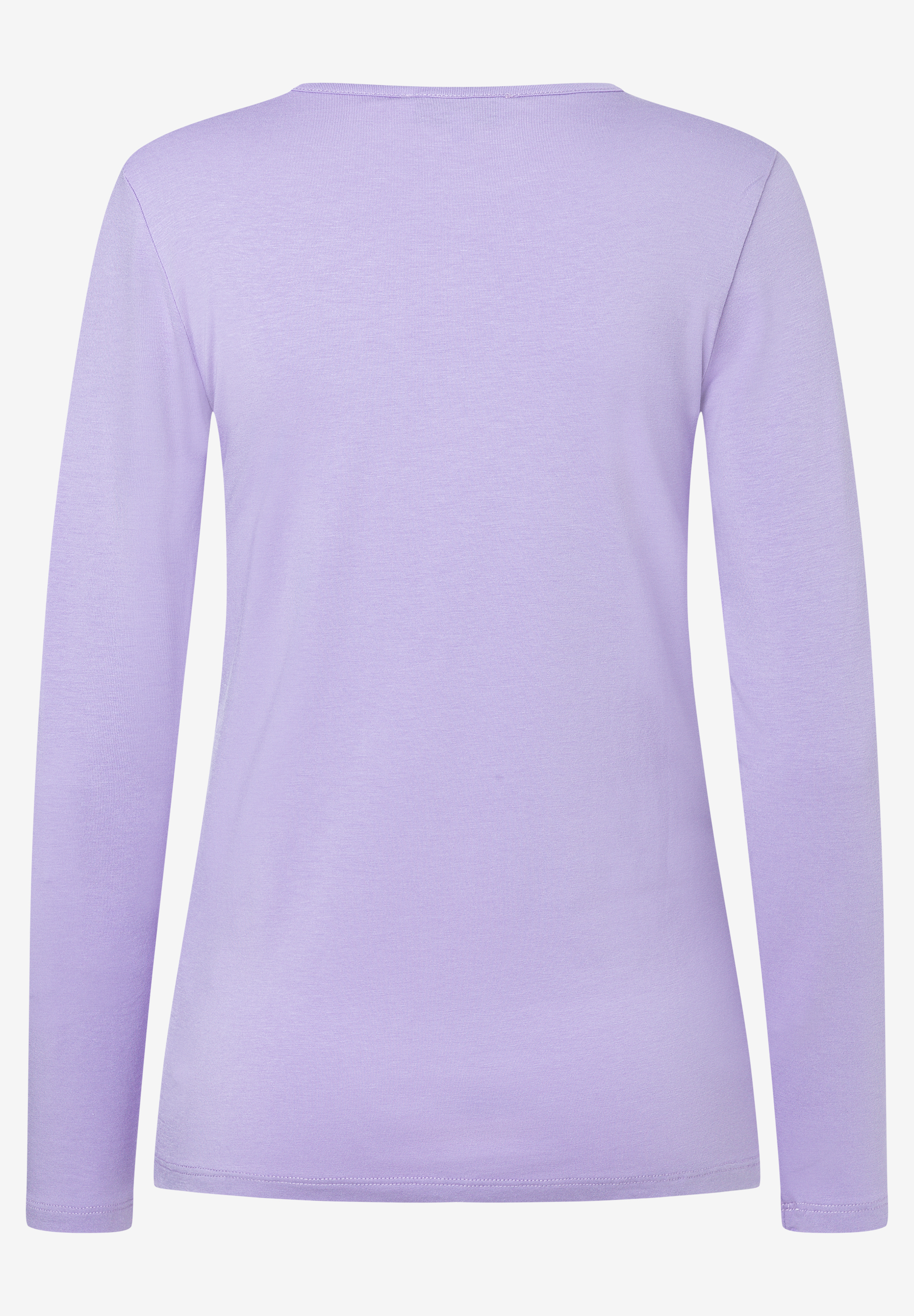 MORE & MORE lila Langarmshirt mit V-Ausschnitt, glattem Stoff und doppelten Nähten. MORE & MORE lila Langarmshirt mit V-Ausschnitt, glattem Stoff und doppelten Nähten.
