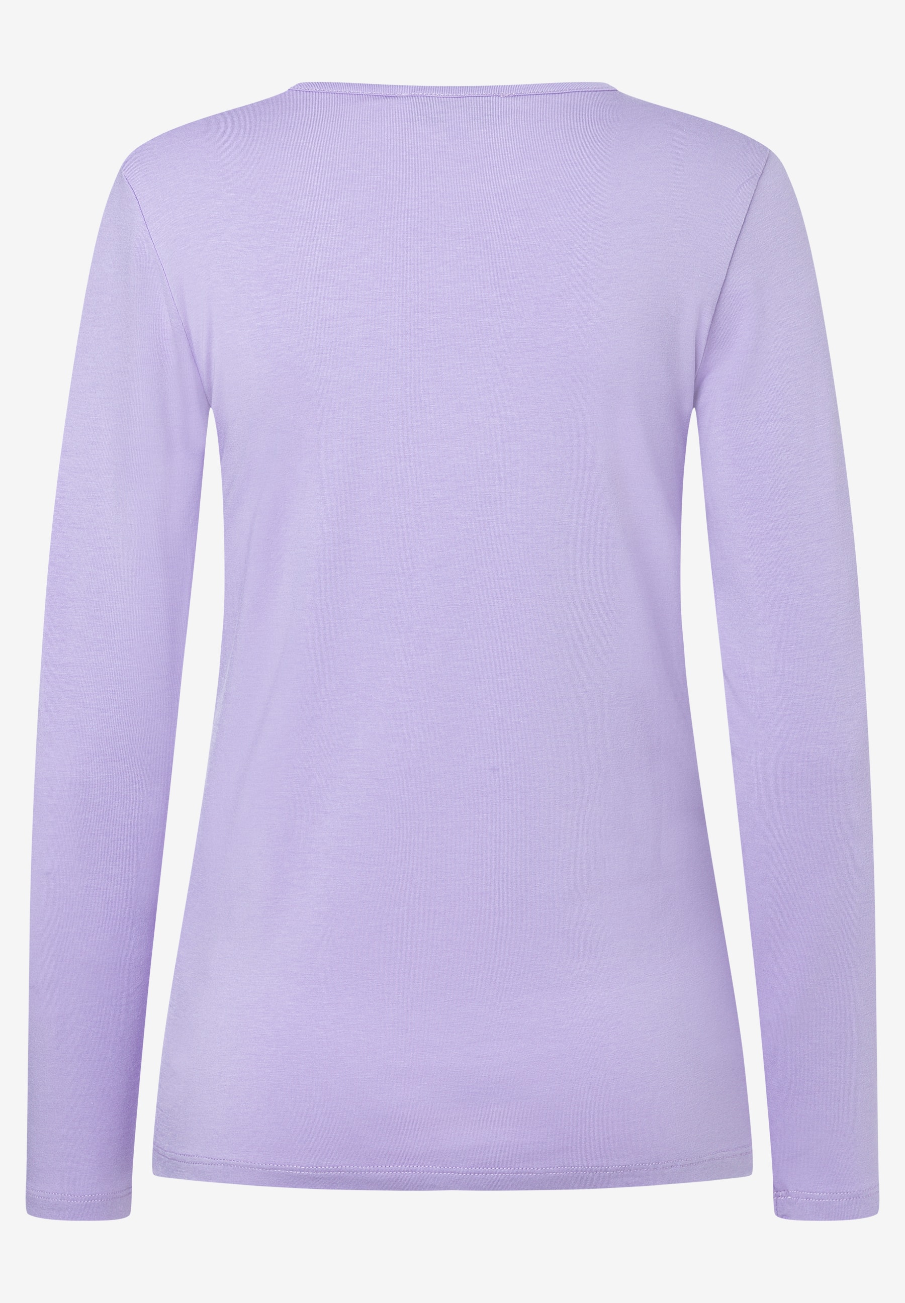 MORE & MORE lila Langarmshirt mit V-Ausschnitt, glattem Stoff und doppelten Nähten. MORE & MORE lila Langarmshirt mit V-Ausschnitt, glattem Stoff und doppelten Nähten.