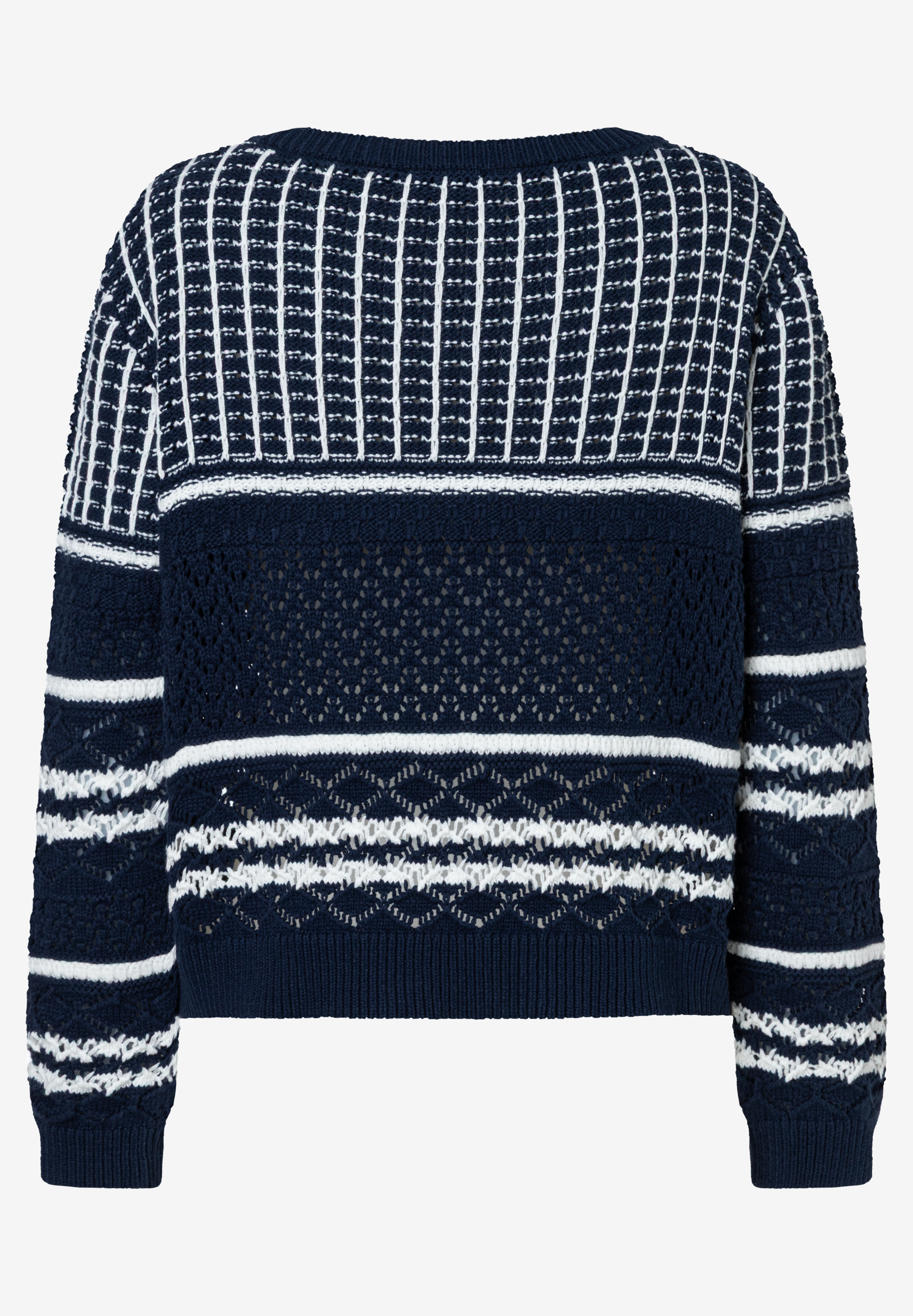 Ein Strick-Pullover von MORE & MORE mit blau-weißem Muster und angenehmem Tragekomfort. Ein Strick-Pullover von MORE & MORE mit blau-weißem Muster und angenehmem Tragekomfort.