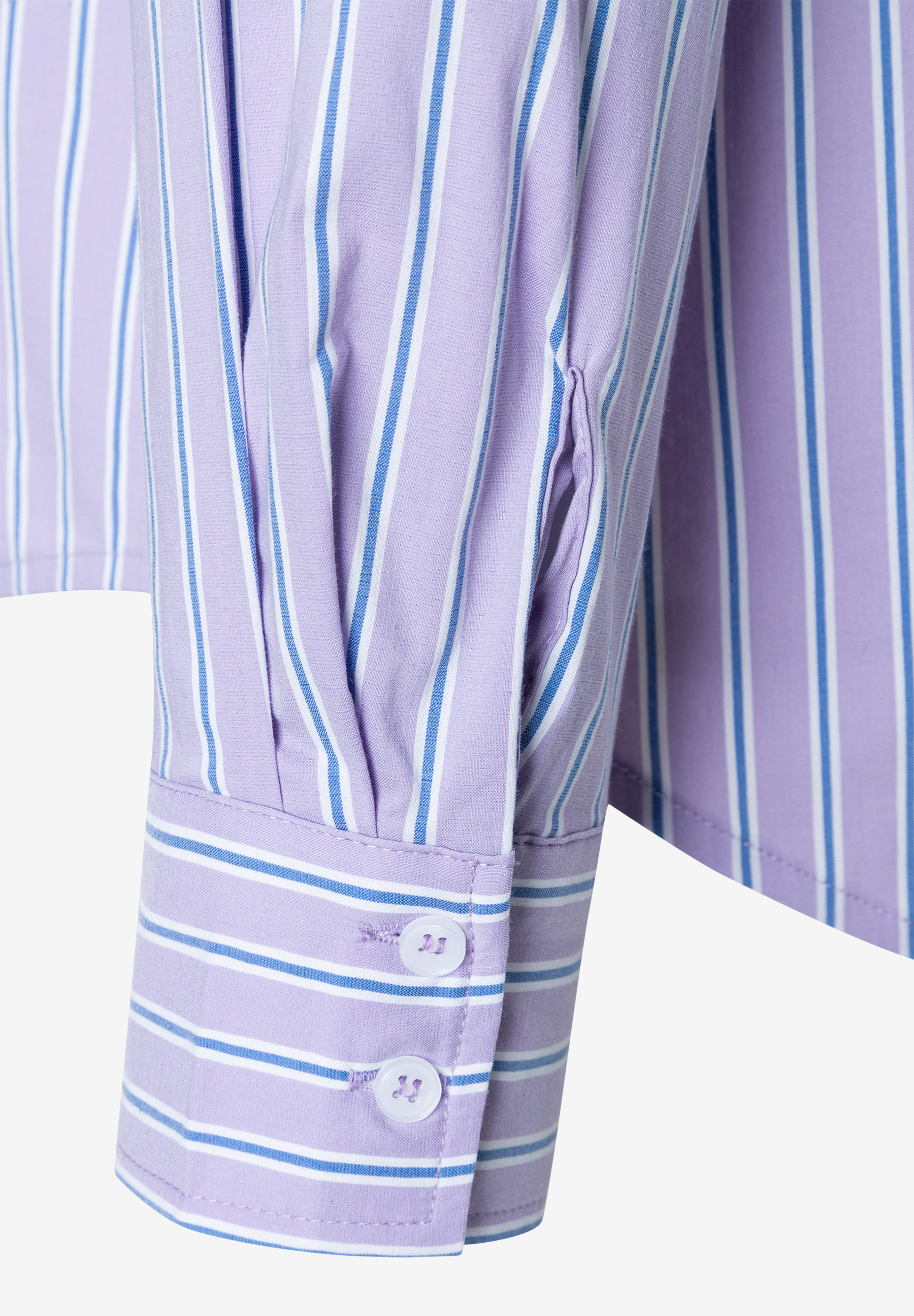 MORE & MORE Bluse: Violett-weiß-blau gestreiftes Langarm-Detail mit weißen Knöpfen auf dem Manschettenverschluss