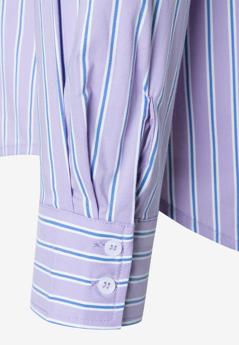 MORE & MORE Bluse: Violett-weiß-blau gestreiftes Langarm-Detail mit weißen Knöpfen auf dem Manschettenverschluss