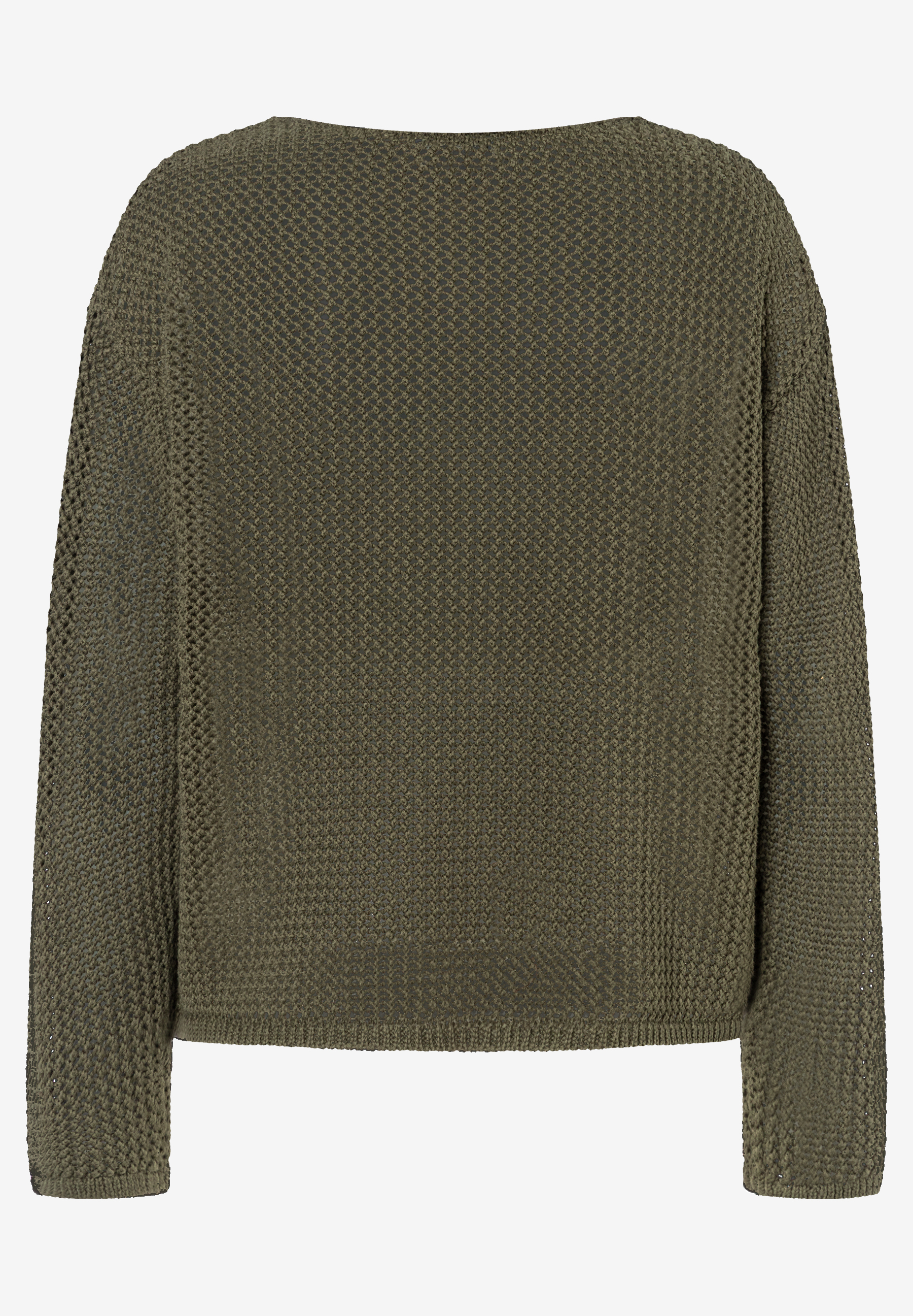 MORE & MORE Damen Pullover in Khaki, Rückansicht. Grob gestrickt, leicht durchscheinend mit Bündchen an Ärmeln und Saum. MORE & MORE Damen Pullover in Khaki, Rückansicht. Grob gestrickt, leicht durchscheinend mit Bündchen an Ärmeln und Saum.