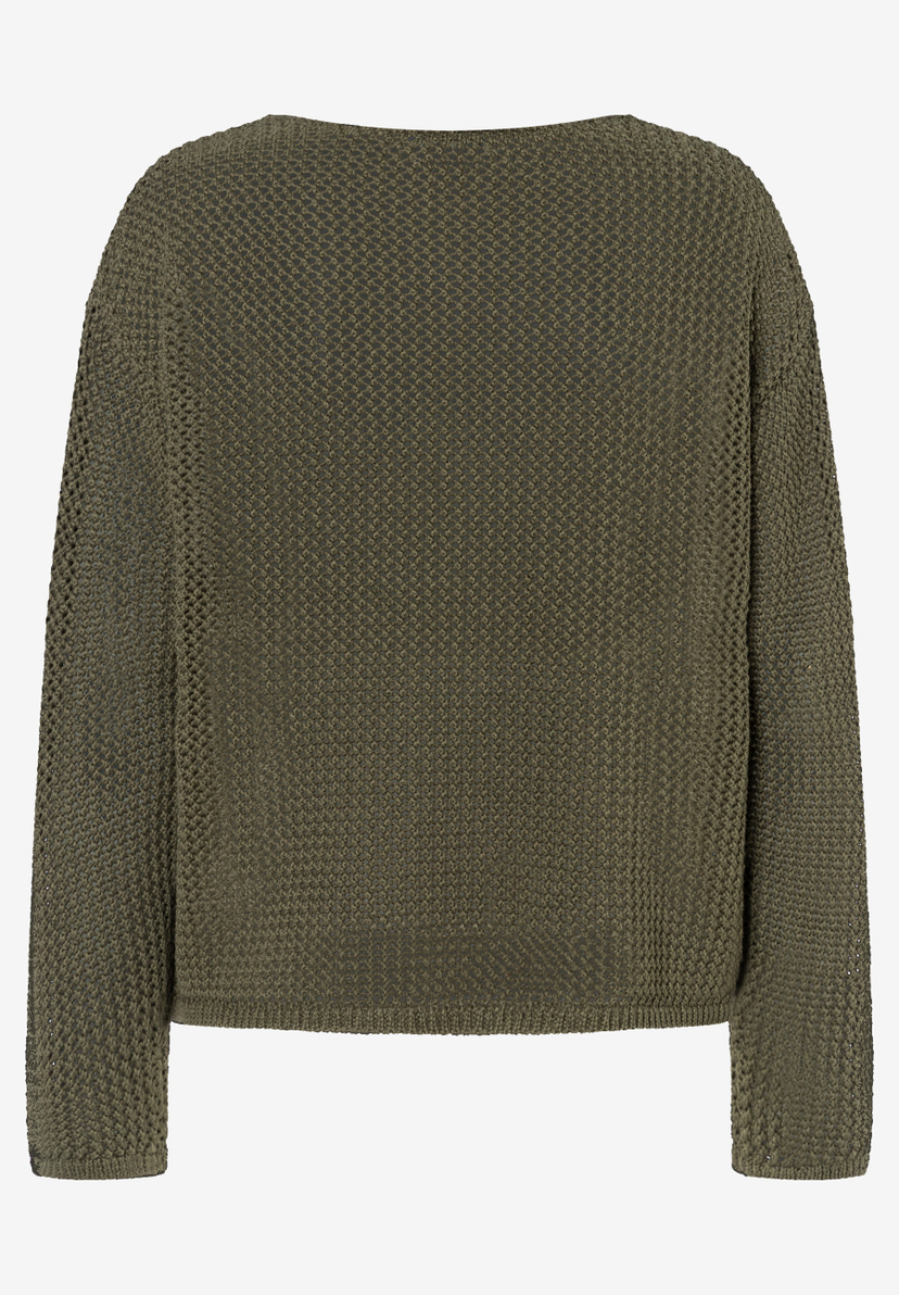 MORE & MORE Damen Pullover in Khaki, Rückansicht. Grob gestrickt, leicht durchscheinend mit Bündchen an Ärmeln und Saum. MORE & MORE Damen Pullover in Khaki, Rückansicht. Grob gestrickt, leicht durchscheinend mit Bündchen an Ärmeln und Saum.