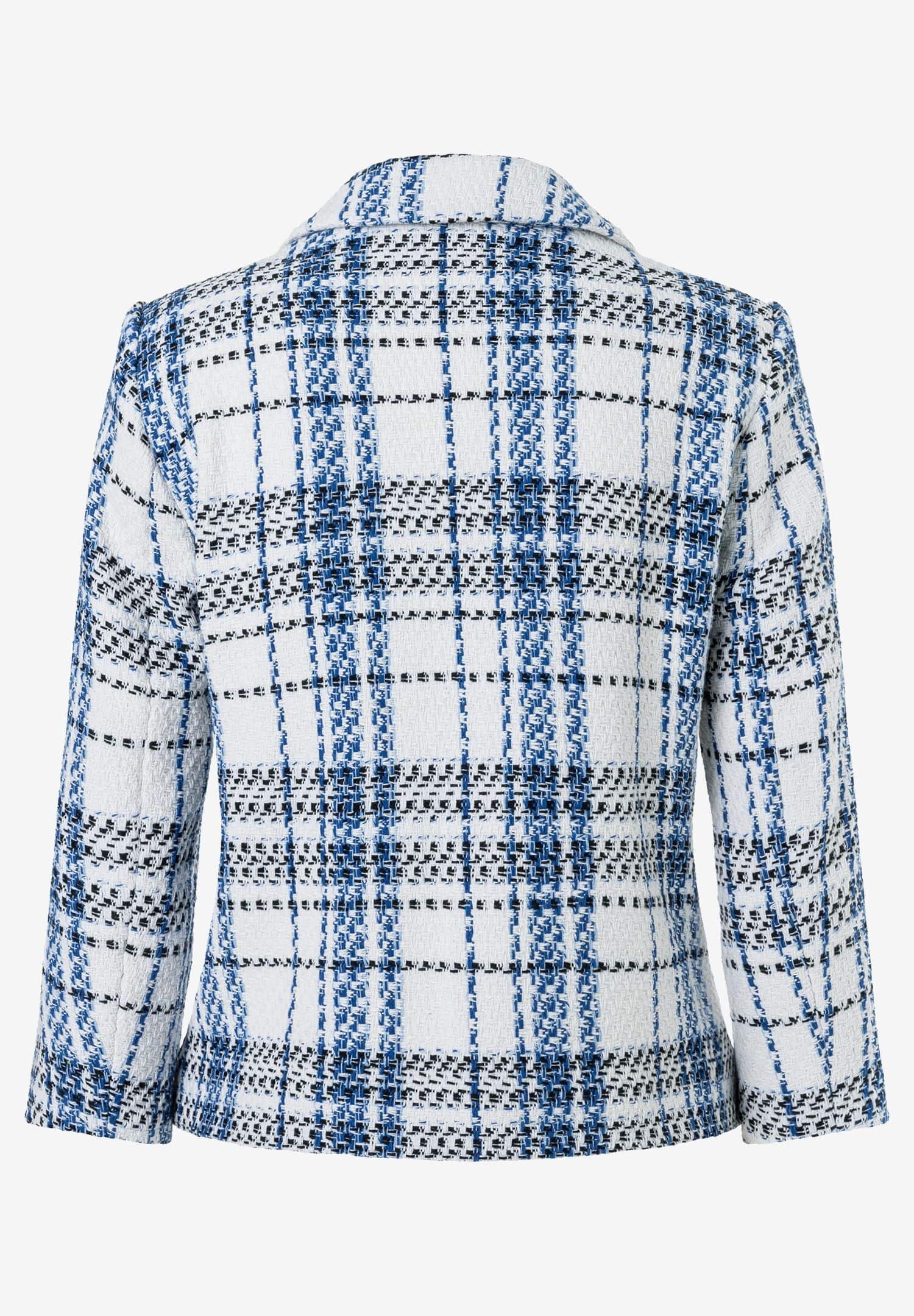 Ein Bouclé-Blazer von MORE & MORE mit blau-weißem Karomuster. Ein Bouclé-Blazer von MORE & MORE mit blau-weißem Karomuster.