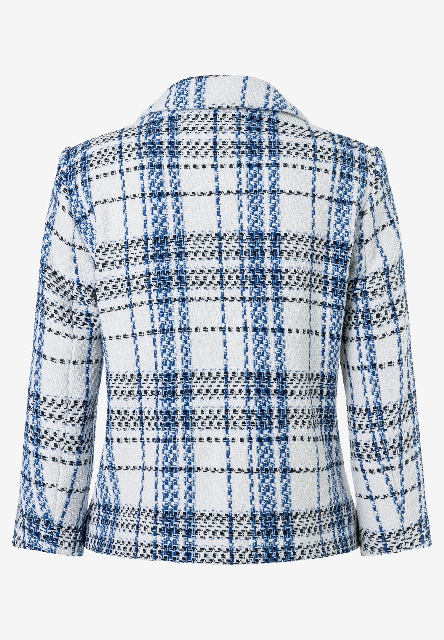Ein Bouclé-Blazer von MORE & MORE mit blau-weißem Karomuster. Ein Bouclé-Blazer von MORE & MORE mit blau-weißem Karomuster.