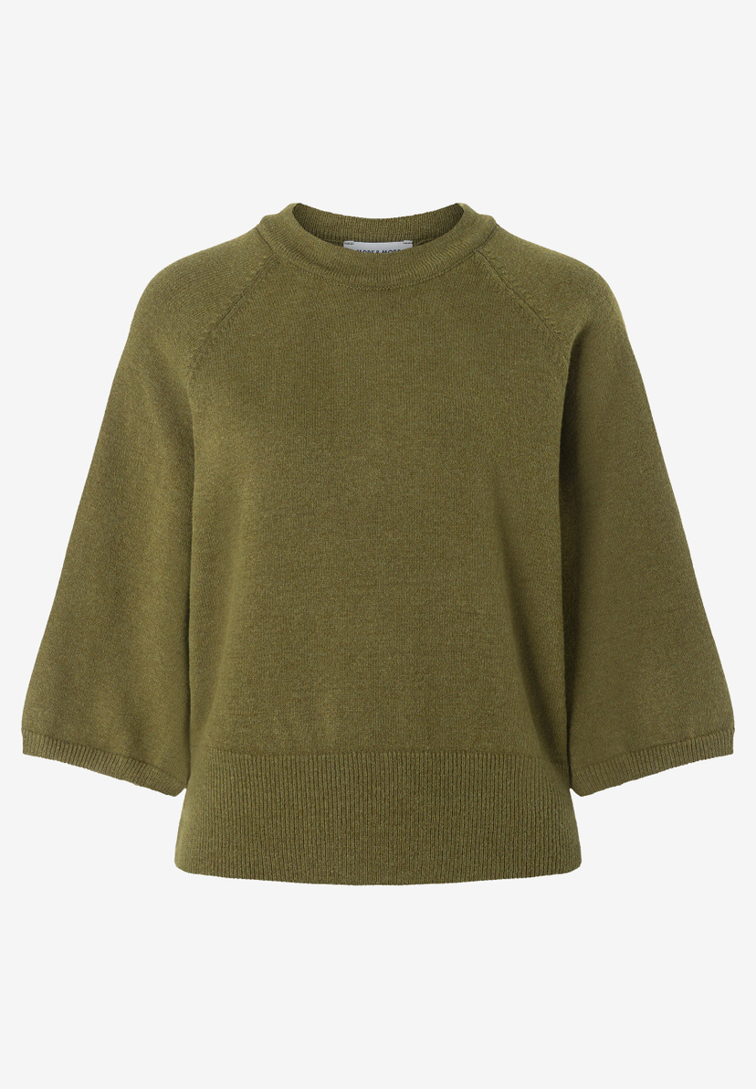 MORE & MORE Kurzarm-Pullover in Khaki. Der Strickpullover hat Raglanärmel und Rippbündchen an Saum und Ärmeln.