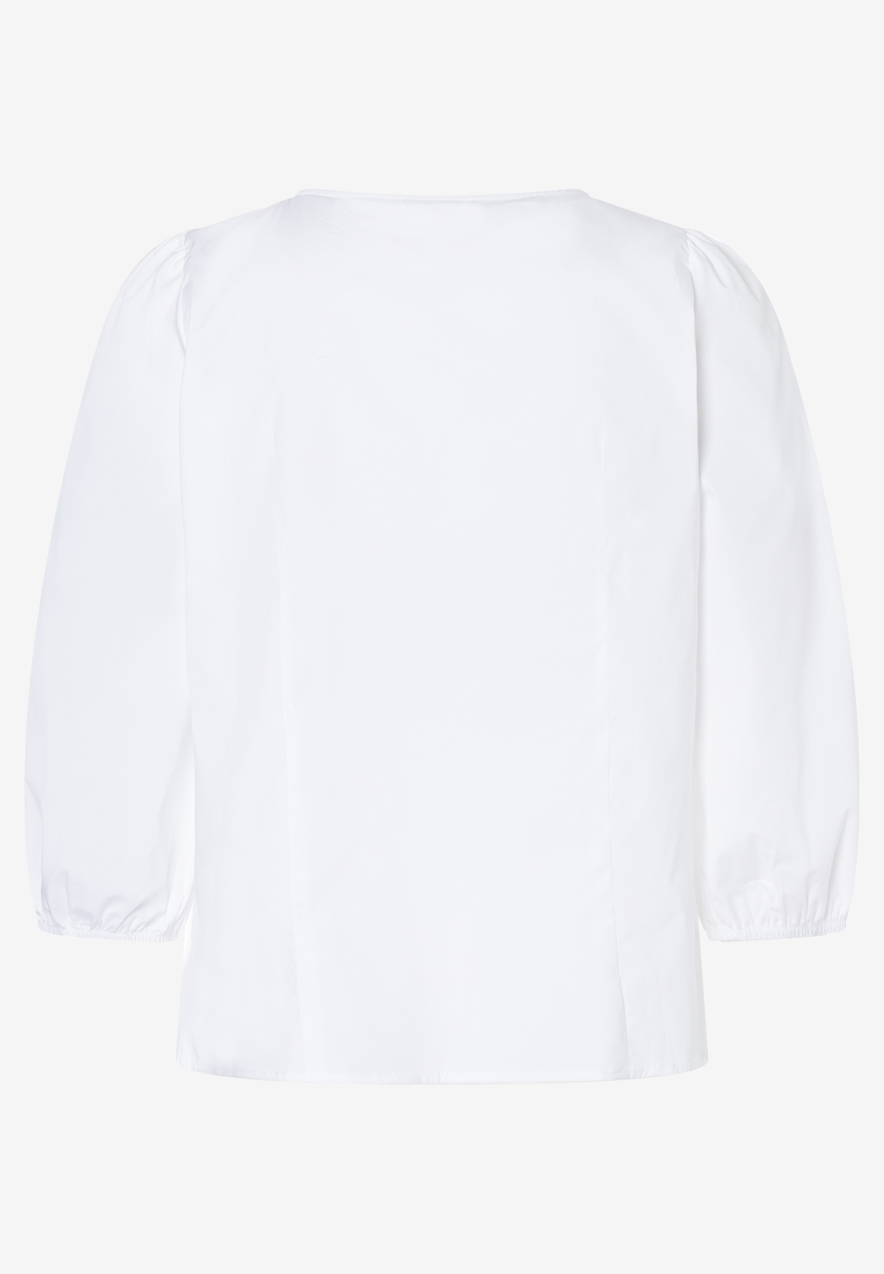 MORE & MORE weiße Bluse, hinten. Lockere Ärmel mit gerafften Bündchen. Minimalistische Eleganz. MORE & MORE weiße Bluse, hinten. Lockere Ärmel mit gerafften Bündchen. Minimalistische Eleganz.