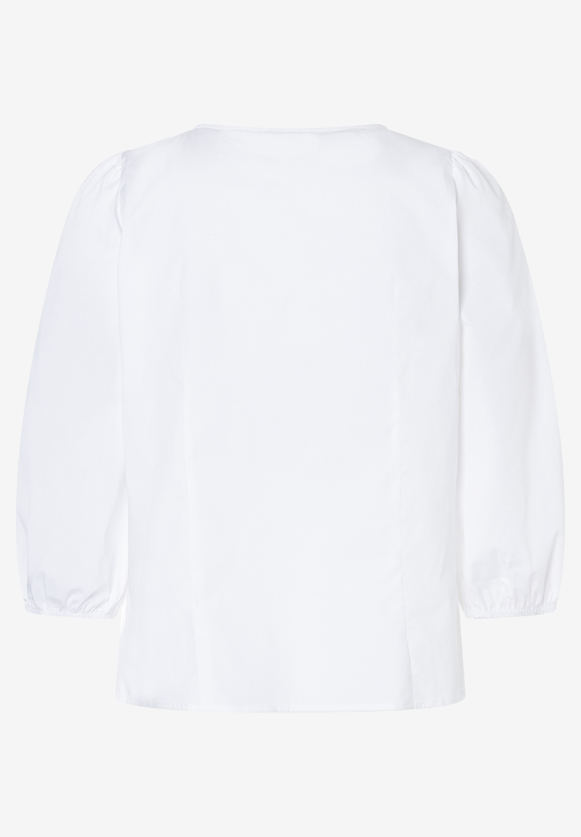 MORE & MORE weiße Bluse, hinten. Lockere Ärmel mit gerafften Bündchen. Minimalistische Eleganz. MORE & MORE weiße Bluse, hinten. Lockere Ärmel mit gerafften Bündchen. Minimalistische Eleganz.