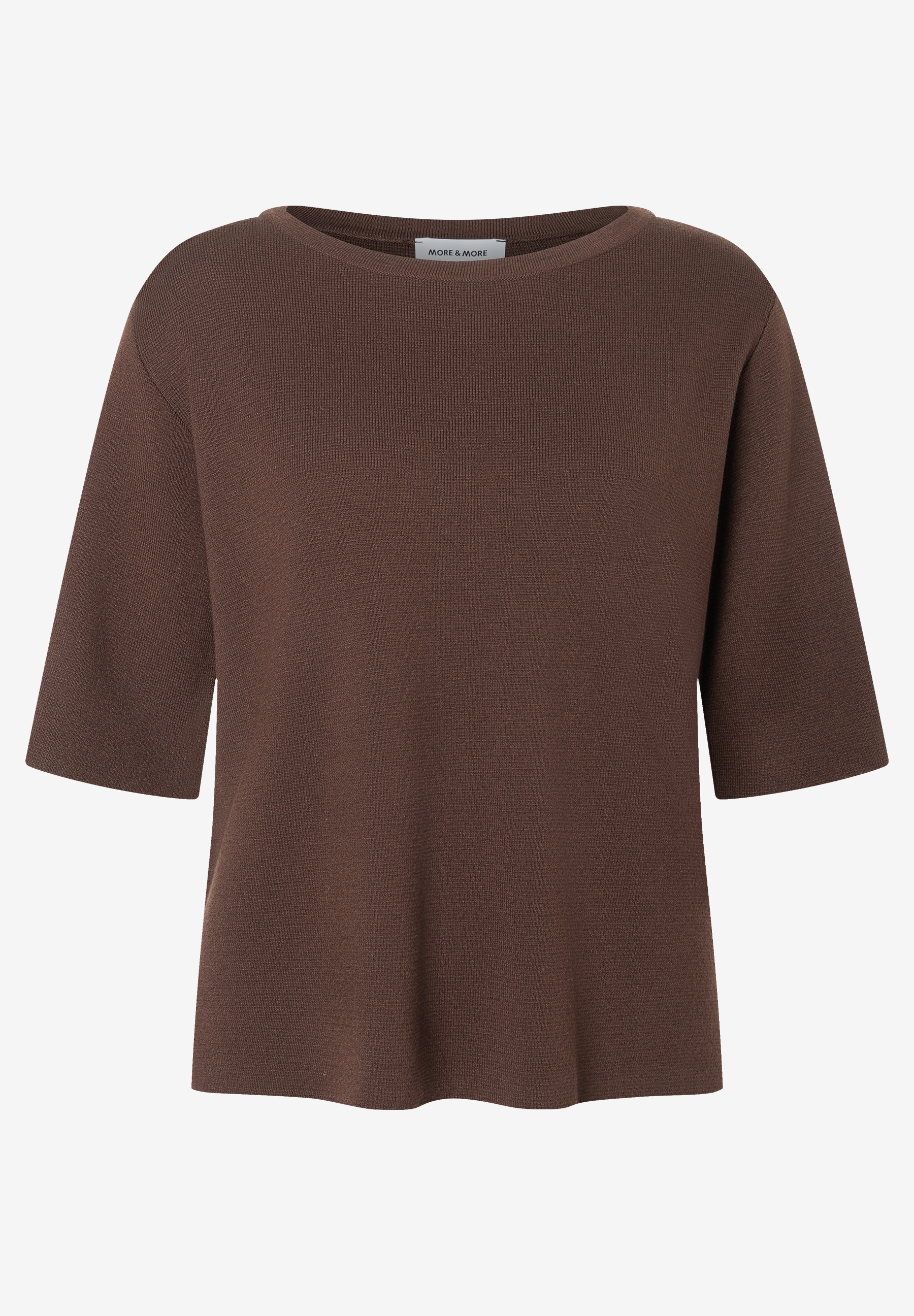 MORE & MORE Damen-Strickpullover in Braun mit 3/4-Ärmeln, geripptem Rundhalsausschnitt und feiner Textur. MORE & MORE Damen-Strickpullover in Braun mit 3/4-Ärmeln, geripptem Rundhalsausschnitt und feiner Textur.