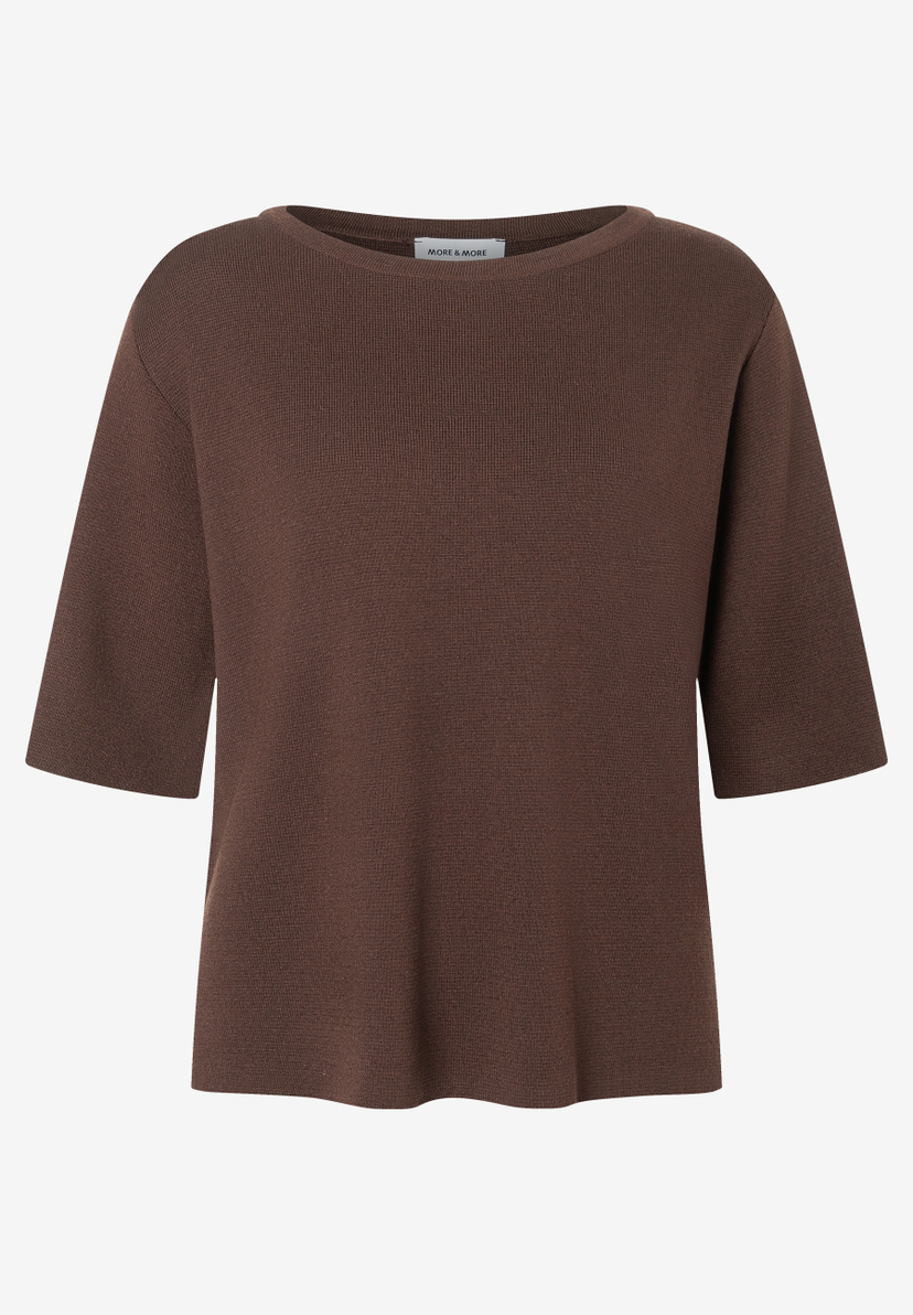 MORE & MORE Damen-Strickpullover in Braun mit 3/4-Ärmeln, geripptem Rundhalsausschnitt und feiner Textur. MORE & MORE Damen-Strickpullover in Braun mit 3/4-Ärmeln, geripptem Rundhalsausschnitt und feiner Textur.