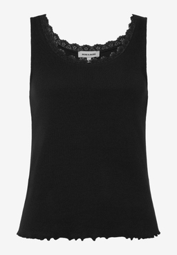 Ein geripptes, ärmelloses MORE & MORE Top in Schwarz mit zarter Spitze am Ausschnitt.