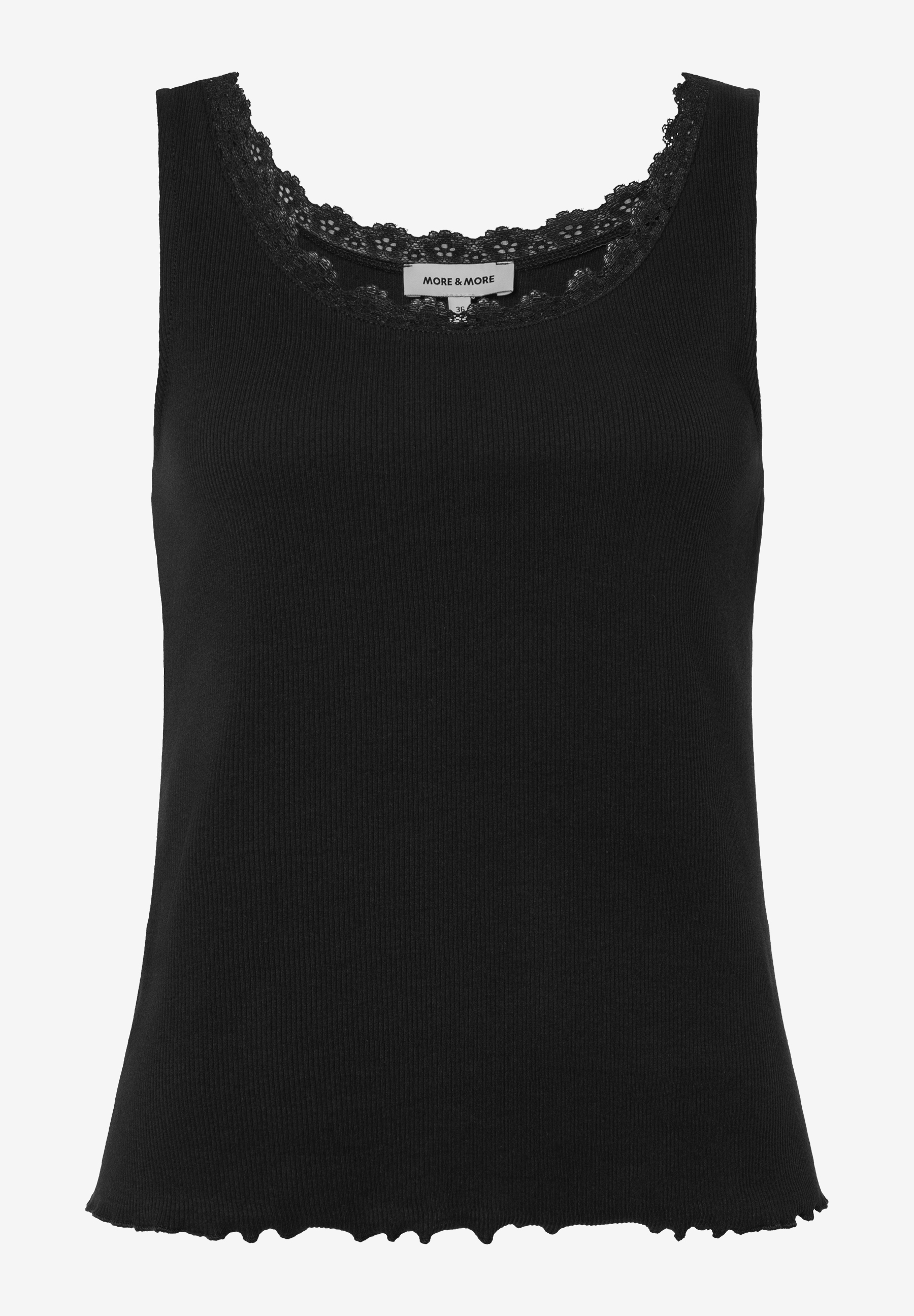 Ein geripptes, ärmelloses MORE & MORE Top in Schwarz mit zarter Spitze am Ausschnitt. Ein geripptes, ärmelloses MORE & MORE Top in Schwarz mit zarter Spitze am Ausschnitt.