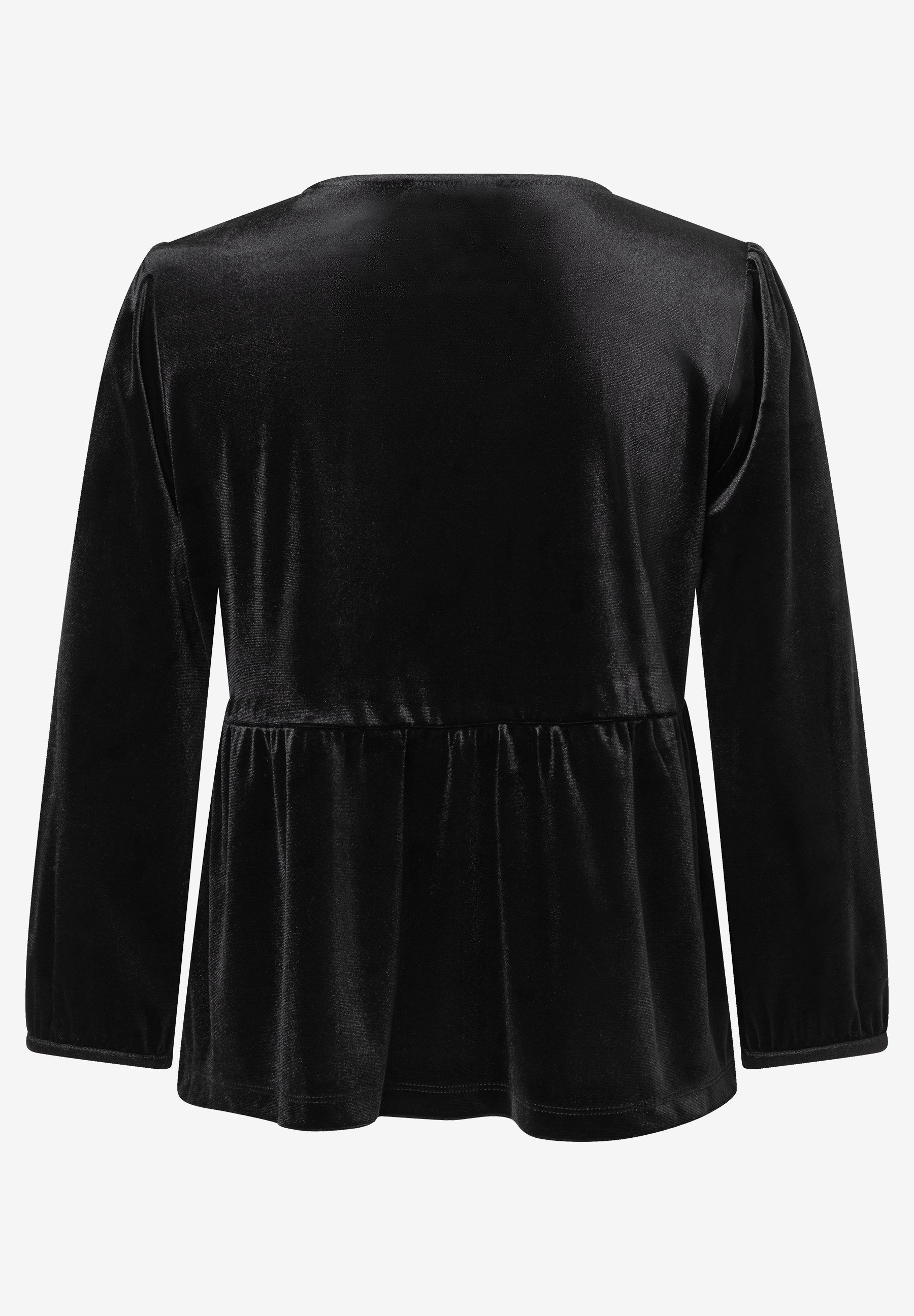 Rückansicht eines schwarzen Samtoberteils von MORE & MORE mit langen Ärmeln und elastischem Tragekomfort. Rückansicht eines schwarzen Samtoberteils von MORE & MORE mit langen Ärmeln und elastischem Tragekomfort.