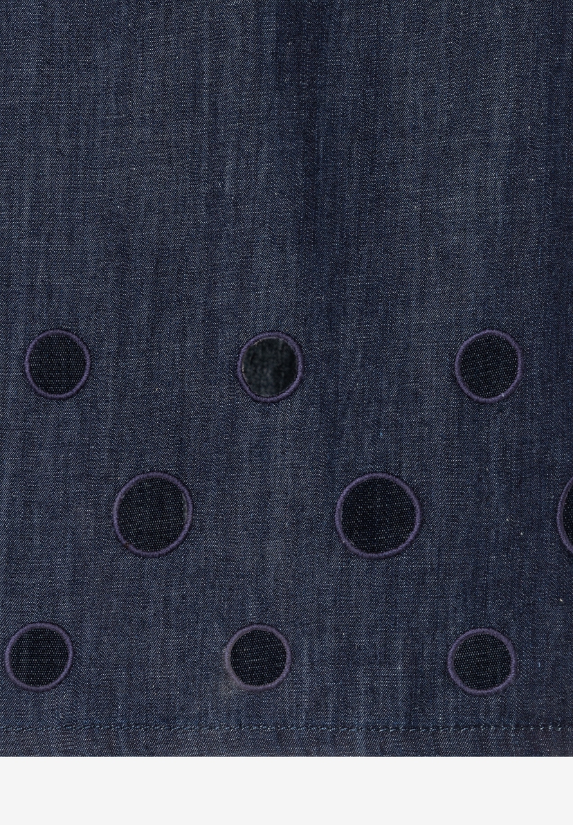MORE & MORE Jeansrock: Dunkelblauer Denim-Stoff mit kreisförmigen Stickereien und Löchern MORE & MORE Jeansrock: Dunkelblauer Denim-Stoff mit kreisförmigen Stickereien und Löchern