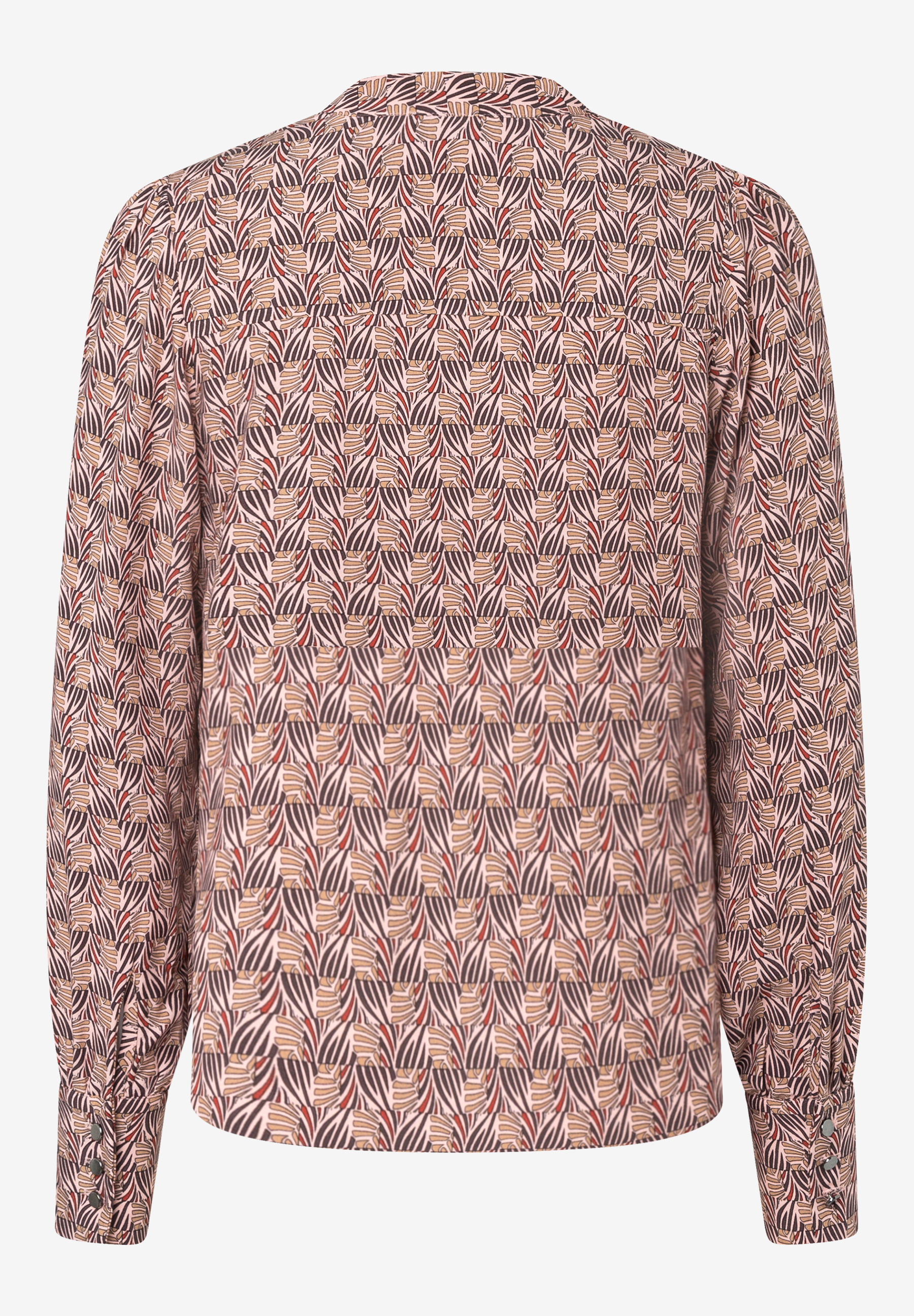 MORE & MORE Viskose-Bluse mit Retro-Blättermuster in Braun- und Rottönen auf hellem Grund, lockerer Schnitt, Rückansicht. MORE & MORE Viskose-Bluse mit Retro-Blättermuster in Braun- und Rottönen auf hellem Grund, lockerer Schnitt, Rückansicht.
