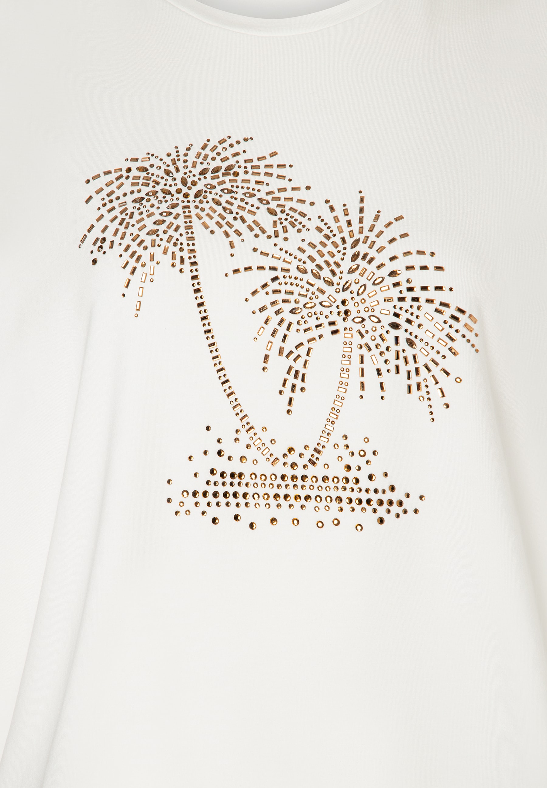 MORE & MORE T-Shirt mit goldener Palmen-Applikation aus Glitzersteinen auf weißem Stoff MORE & MORE T-Shirt mit goldener Palmen-Applikation aus Glitzersteinen auf weißem Stoff