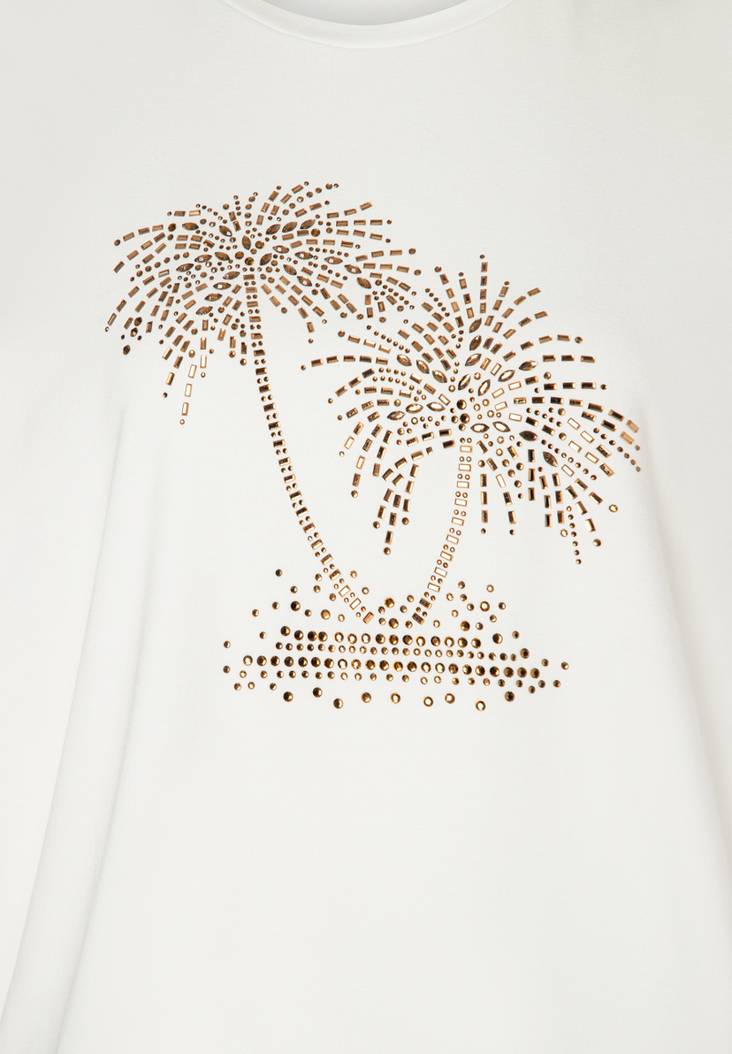 MORE & MORE T-Shirt mit goldener Palmen-Applikation aus Glitzersteinen auf weißem Stoff MORE & MORE T-Shirt mit goldener Palmen-Applikation aus Glitzersteinen auf weißem Stoff
