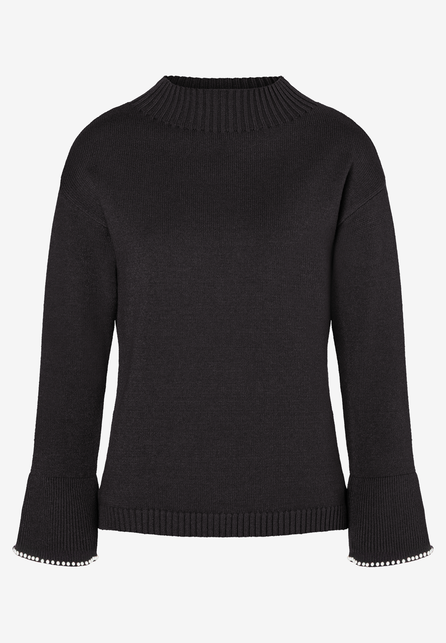 Ein schwarzer Strickpullover von MORE & MORE mit Stehkragen und ausgestellten Ärmeln mit Perlenbesatz. Ein schwarzer Strickpullover von MORE & MORE mit Stehkragen und ausgestellten Ärmeln mit Perlenbesatz.