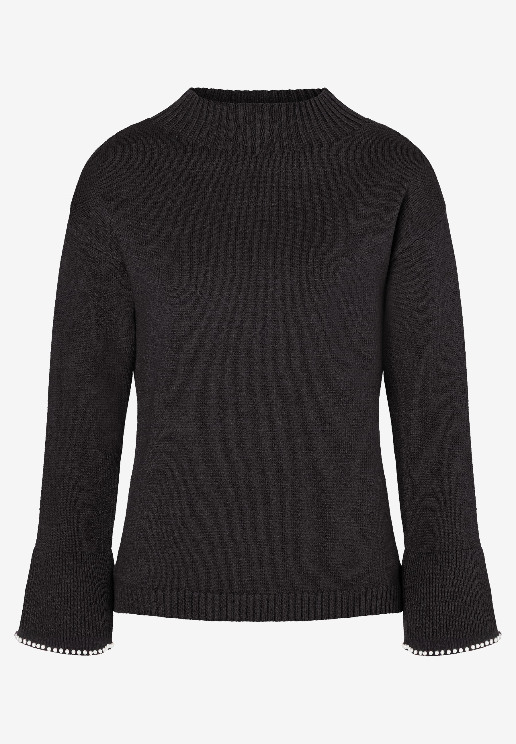 Ein schwarzer Strickpullover von MORE & MORE mit Stehkragen und ausgestellten Ärmeln mit Perlenbesatz. Ein schwarzer Strickpullover von MORE & MORE mit Stehkragen und ausgestellten Ärmeln mit Perlenbesatz.