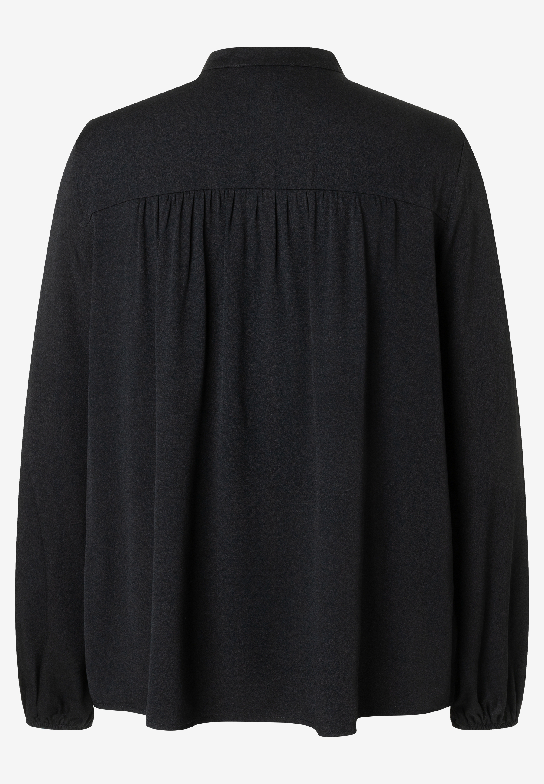 MORE & MORE Damen-Bluse in Schwarz mit Stehkragen und gerafftem Schulterbereich auf einem hellen Hintergrund.