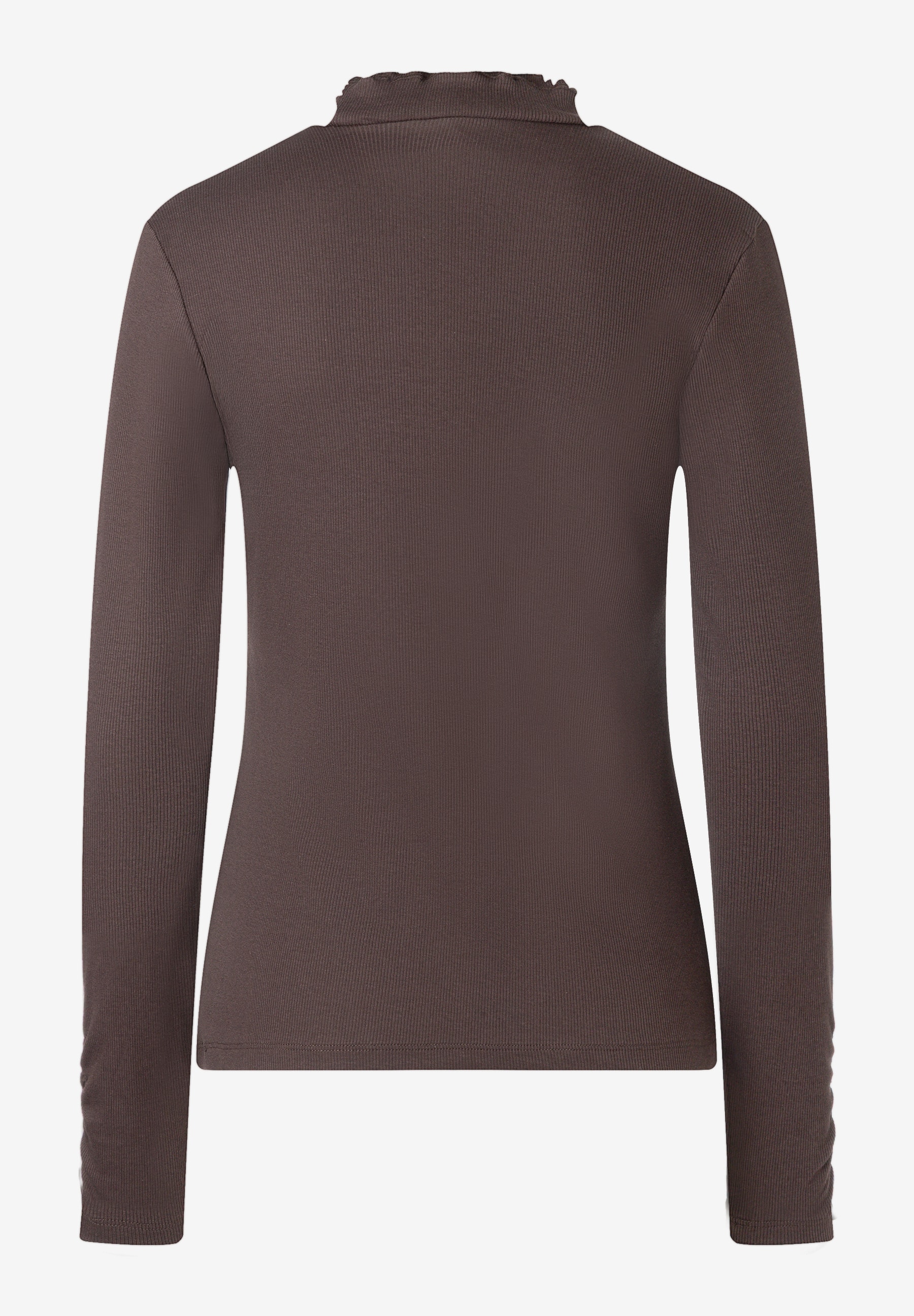 MORE & MORE geripptes Langarmshirt in Braun mit elastischem Material und Rüschenkragen für angenehmen Tragekomfort. MORE & MORE geripptes Langarmshirt in Braun mit elastischem Material und Rüschenkragen für angenehmen Tragekomfort.