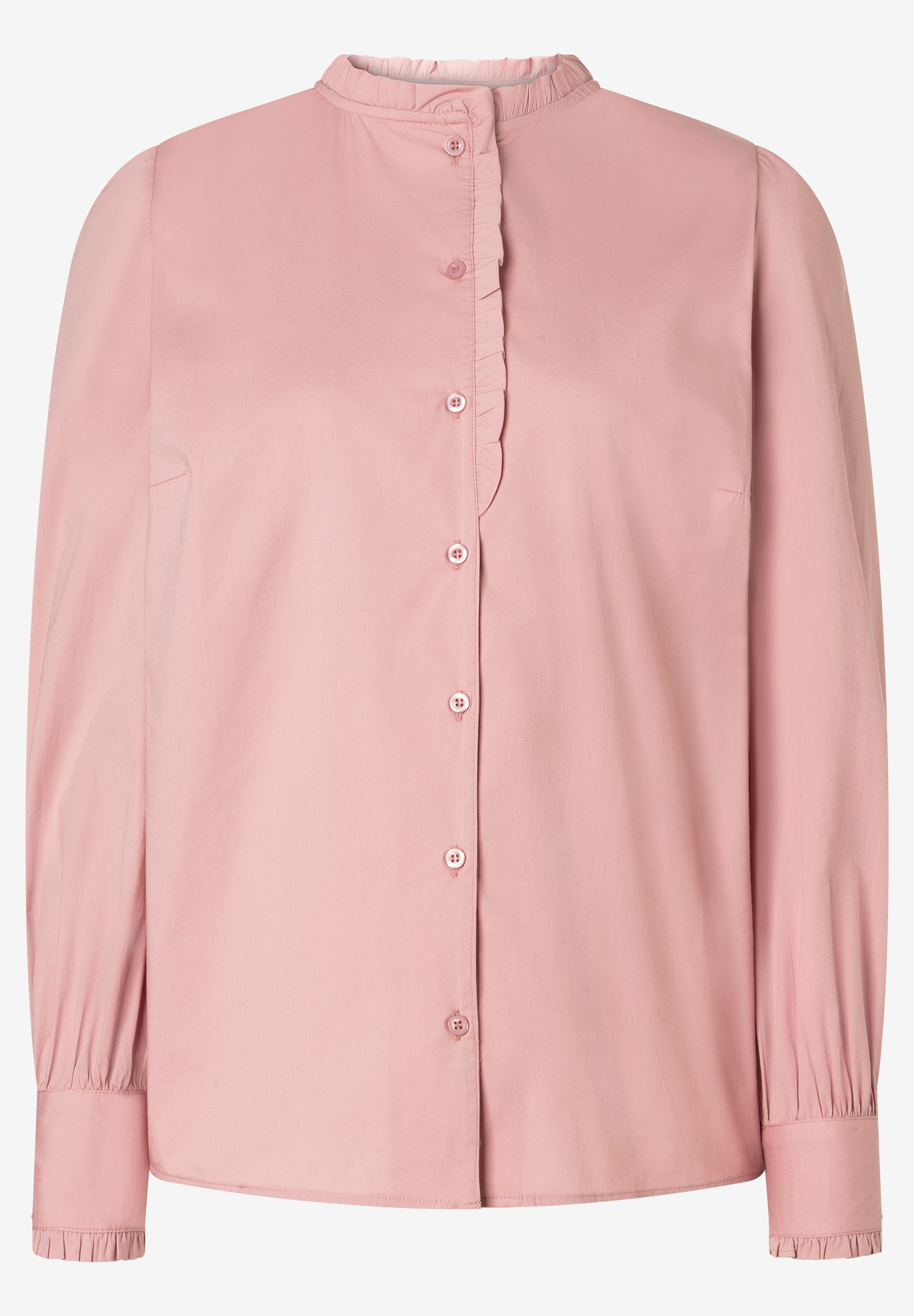MORE & MORE rosafarbene Bluse mit Stehkragen und Rüschenleiste. Die Ärmel sind am Bund gerafft.