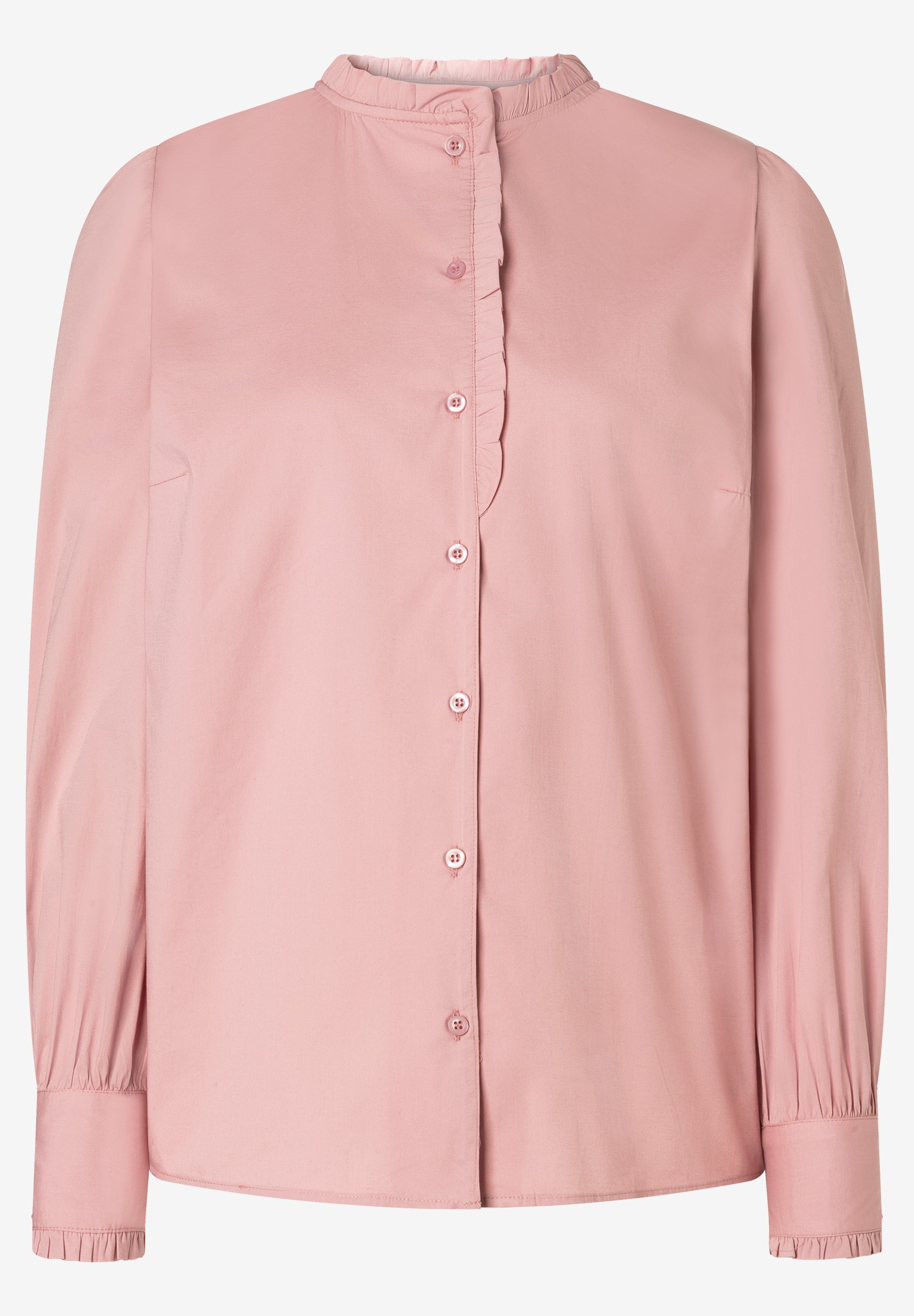 MORE & MORE Damen Bluse in Rosa. Mit Rüschenverzierung am Stehkragen und an der Knopfleiste. MORE & MORE Damen Bluse in Rosa. Mit Rüschenverzierung am Stehkragen und an der Knopfleiste.