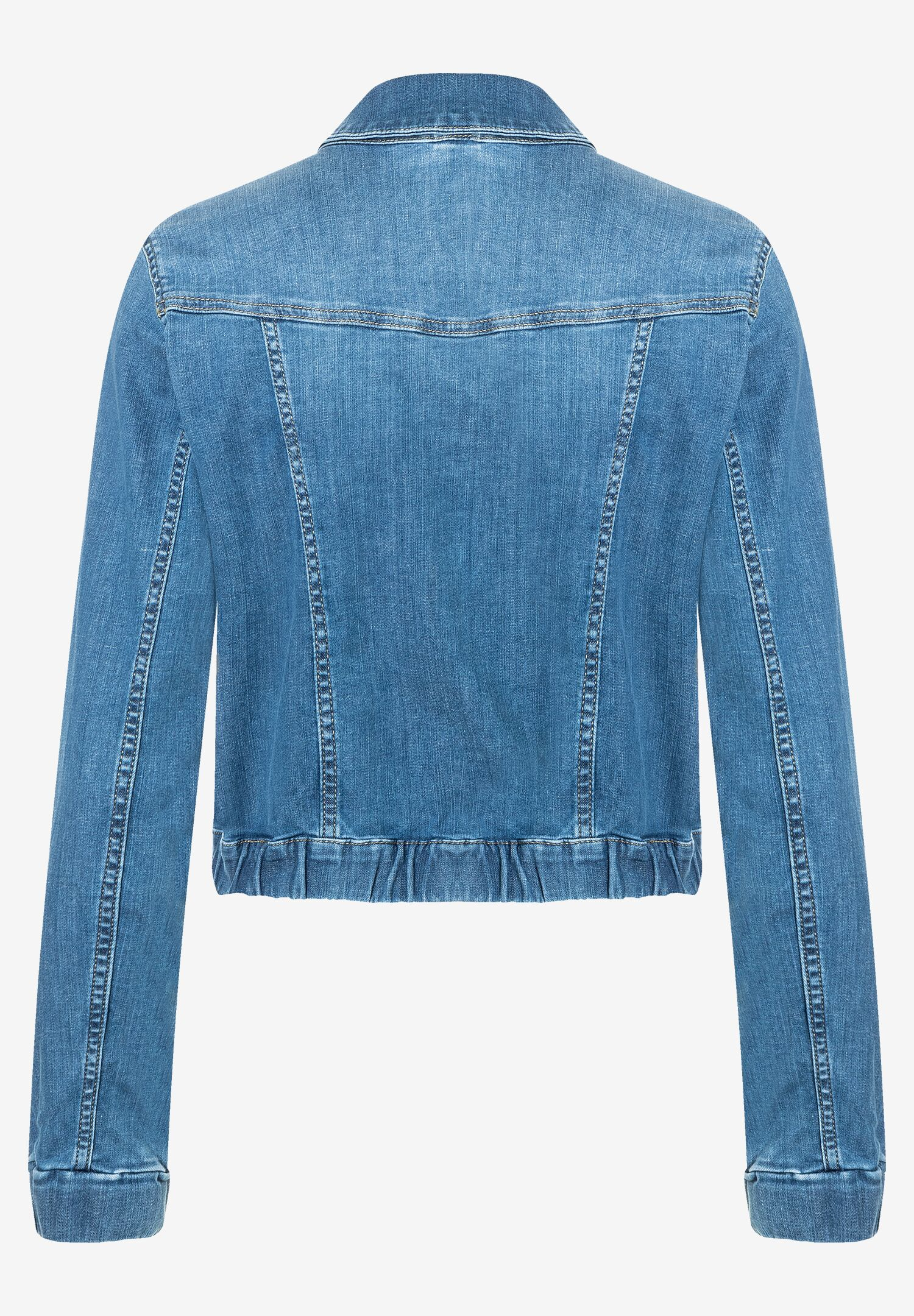Rückenansicht einer blauen MORE & MORE Jeansjacke mit langen Ärmeln. Rückenansicht einer blauen MORE & MORE Jeansjacke mit langen Ärmeln.