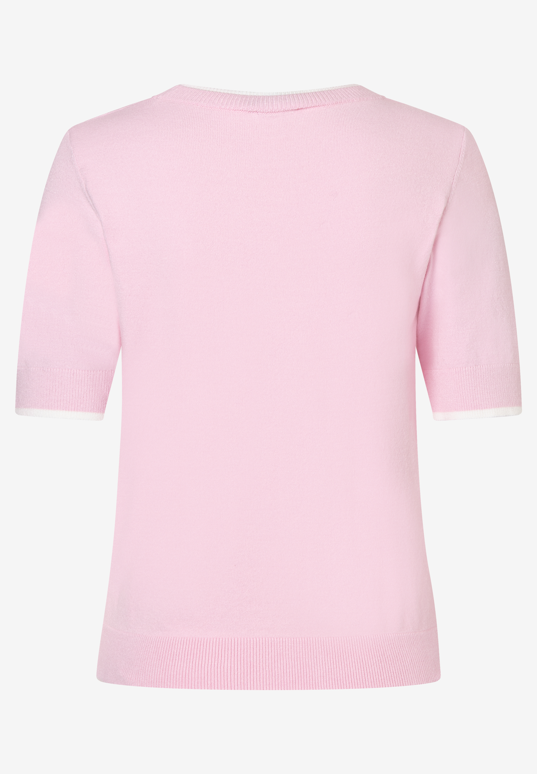 Ein rosafarbener Feinstrick-Pullover von MORE & MORE mit kurzen Ärmeln und weißem Saum. Ein rosafarbener Feinstrick-Pullover von MORE & MORE mit kurzen Ärmeln und weißem Saum.