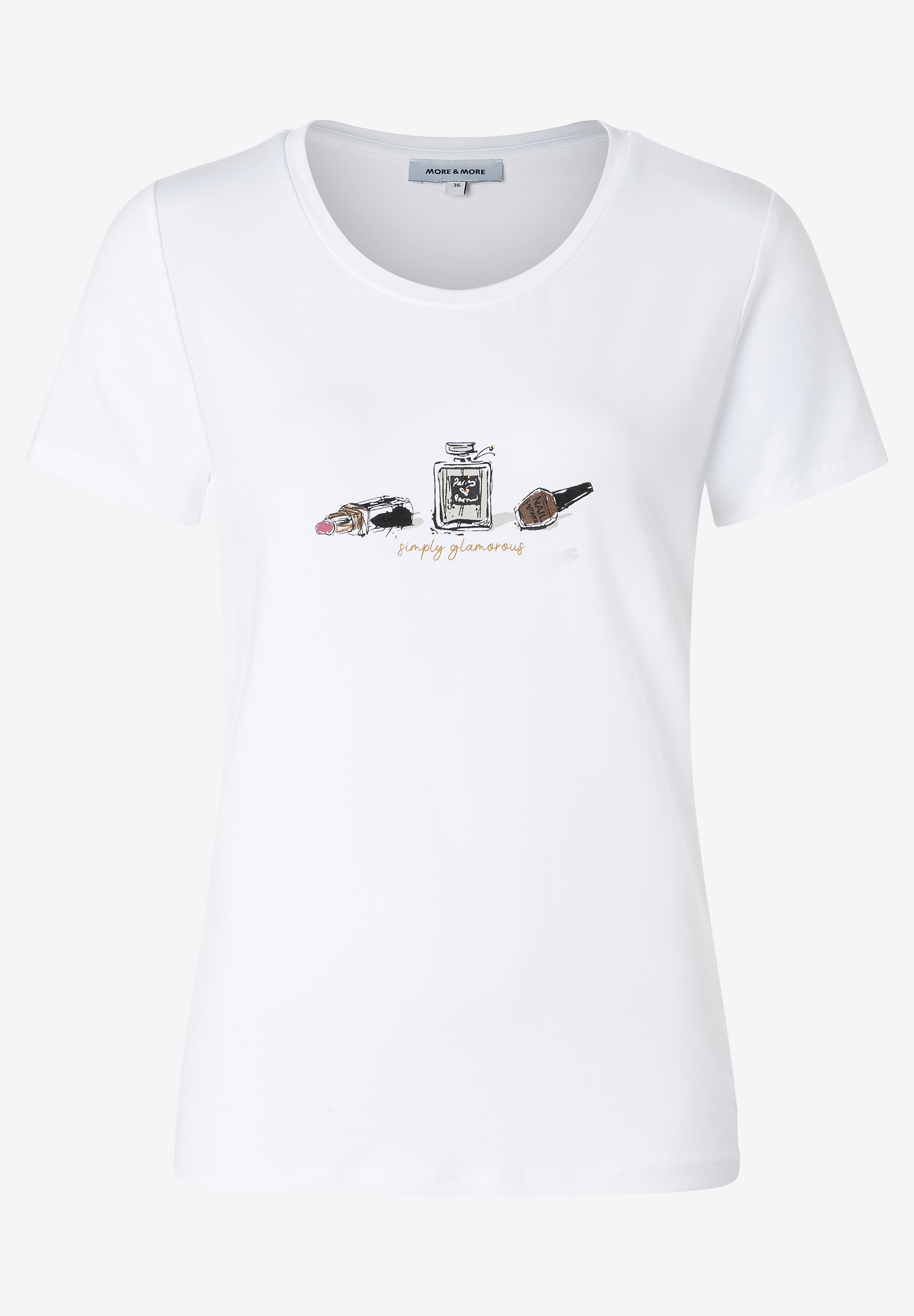 Ein weißes MORE & MORE T-Shirt mit einem Aufdruck von Lippenstift, Parfüm und Nagellack. Ein weißes MORE & MORE T-Shirt mit einem Aufdruck von Lippenstift, Parfüm und Nagellack.