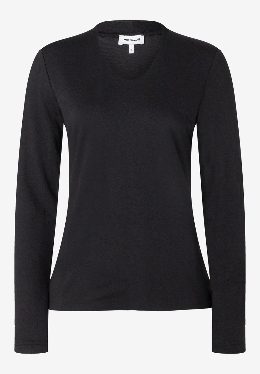 MORE & MORE Langarm-T-Shirt in Schwarz mit V-Ausschnitt, schlicht und vielseitig kombinierbar.