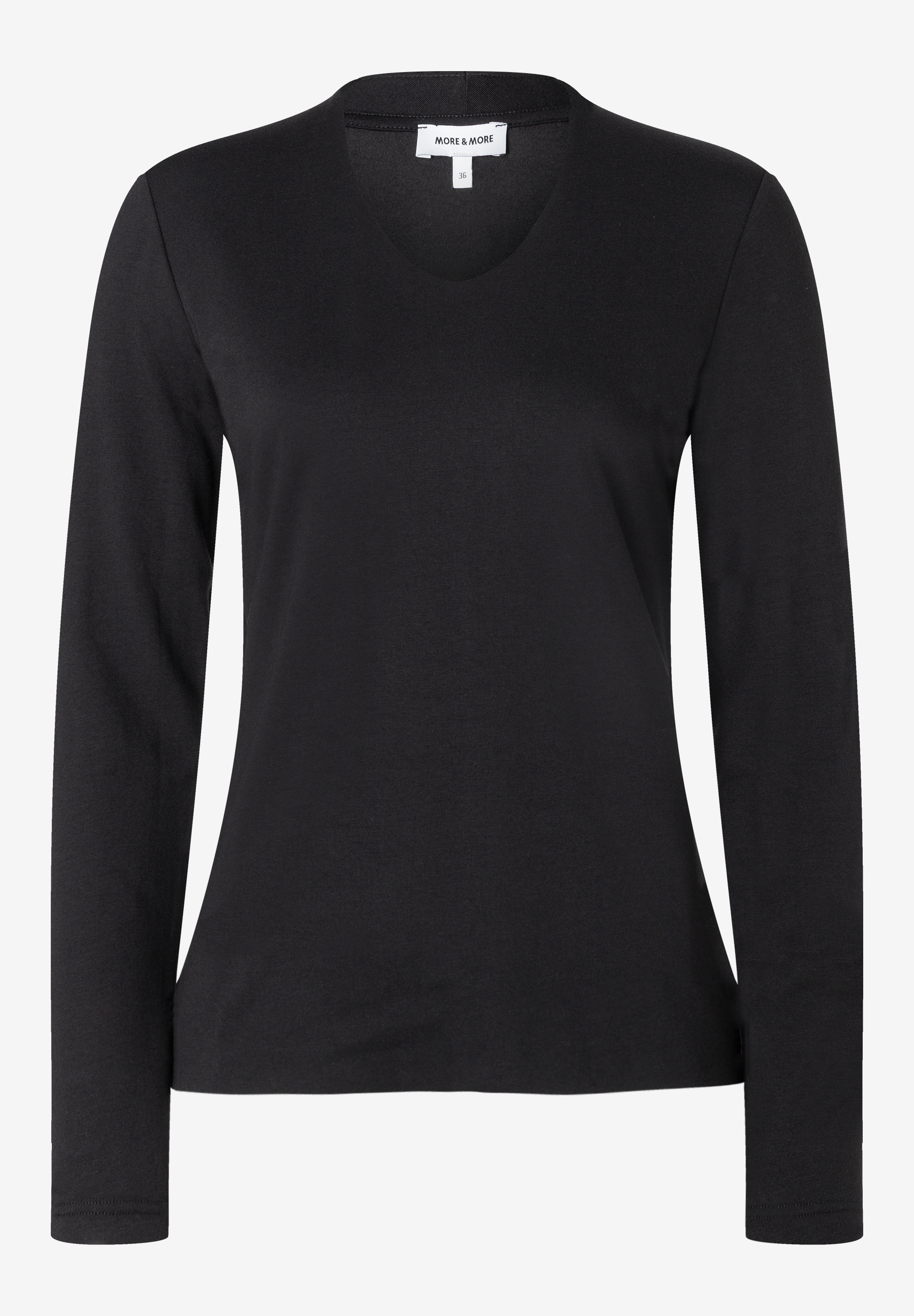 MORE & MORE Langarm-T-Shirt in Schwarz mit V-Ausschnitt, schlicht und vielseitig kombinierbar. MORE & MORE Langarm-T-Shirt in Schwarz mit V-Ausschnitt, schlicht und vielseitig kombinierbar.
