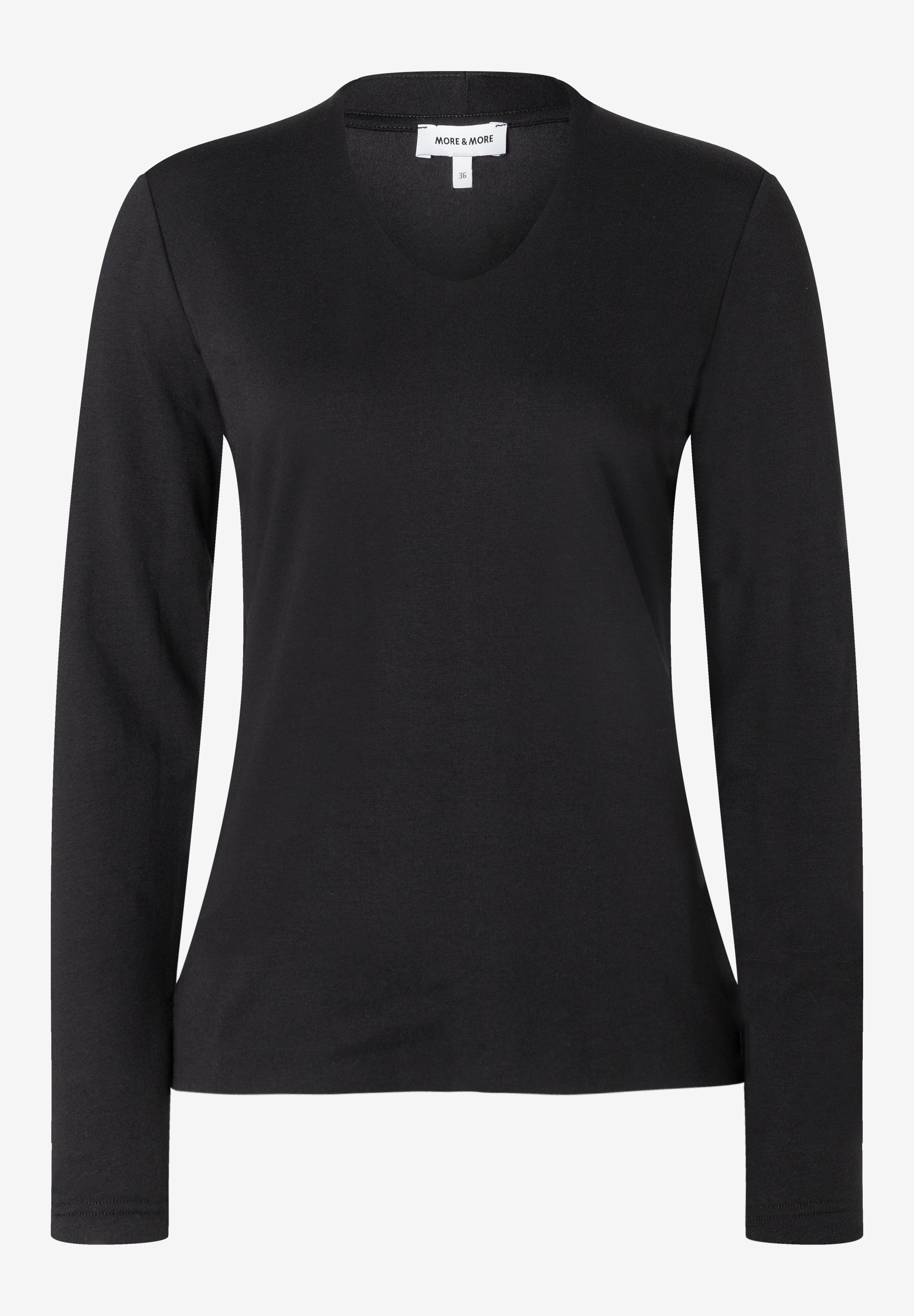 MORE & MORE schwarzes V-Neck Langarmshirt aus elastischem Jersey. Schlicht und vielseitig kombinierbar, ideal für jeden Tag. MORE & MORE schwarzes V-Neck Langarmshirt aus elastischem Jersey. Schlicht und vielseitig kombinierbar, ideal für jeden Tag.