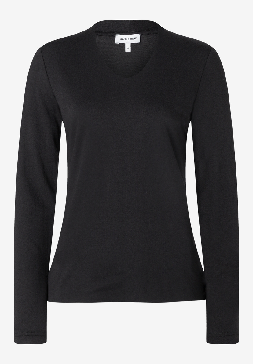 MORE & MORE schwarzes V-Neck Langarmshirt aus elastischem Jersey. Schlicht und vielseitig kombinierbar, ideal für jeden Tag. MORE & MORE schwarzes V-Neck Langarmshirt aus elastischem Jersey. Schlicht und vielseitig kombinierbar, ideal für jeden Tag.