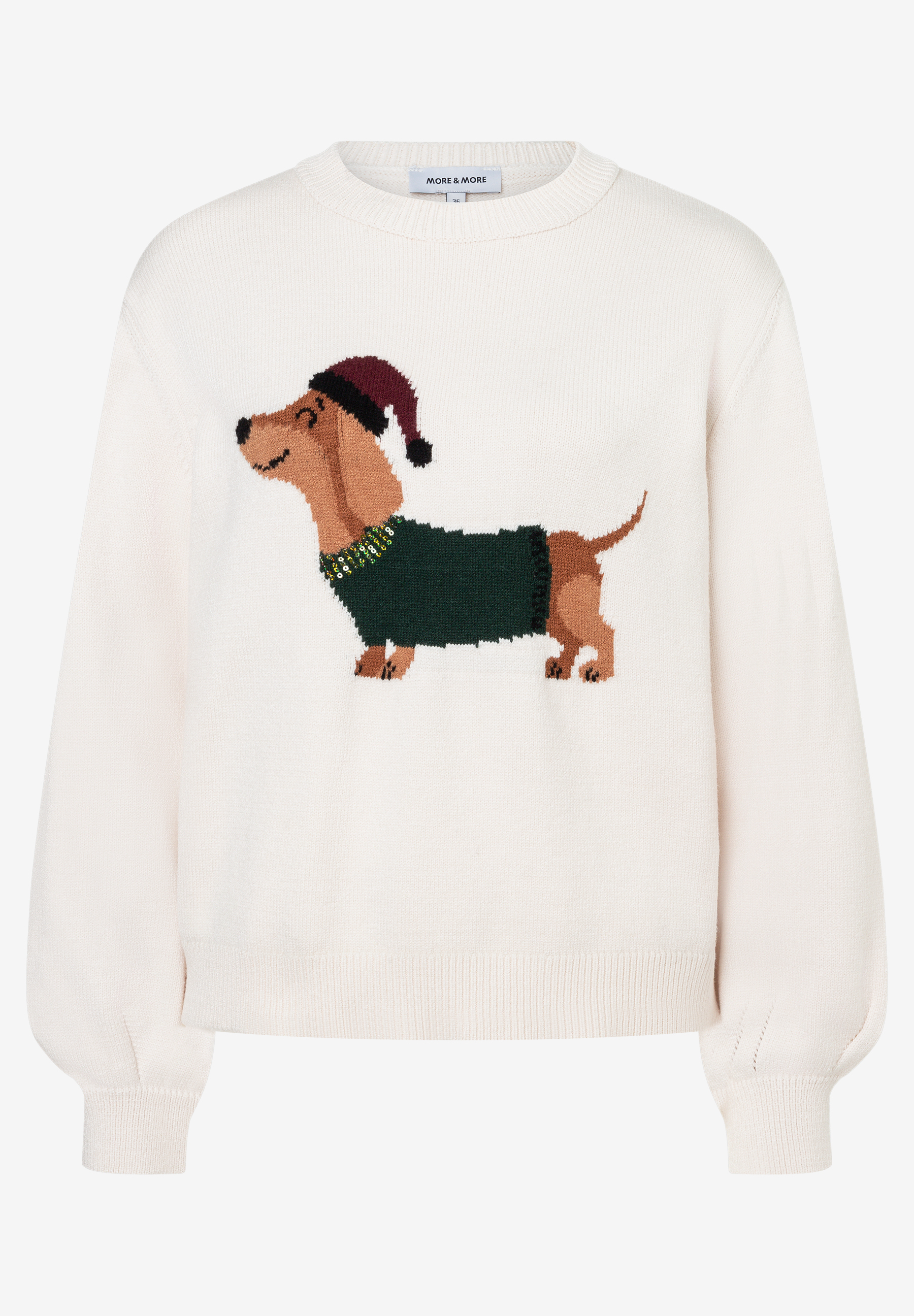 MORE & MORE Pullover: beiger Strickpullover mit Dackel in Weihnachtsmütze und Pailletten-Pulli