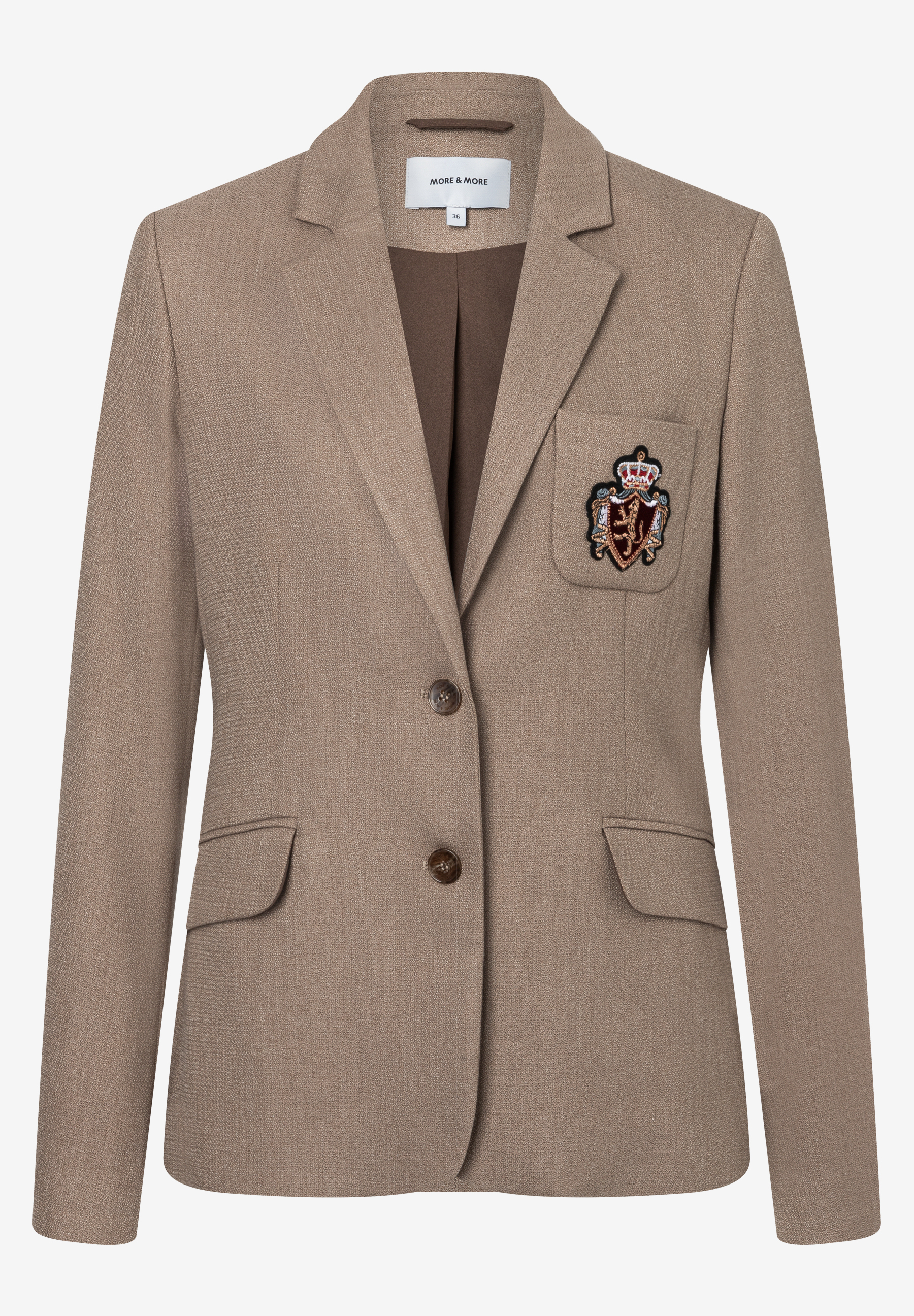 MORE & MORE Damen-Blazer in Beige mit Brustwappen und 2-Knopf-Verschluss. Webware mit angenehmem Tragekomfort. MORE & MORE Damen-Blazer in Beige mit Brustwappen und 2-Knopf-Verschluss. Webware mit angenehmem Tragekomfort.
