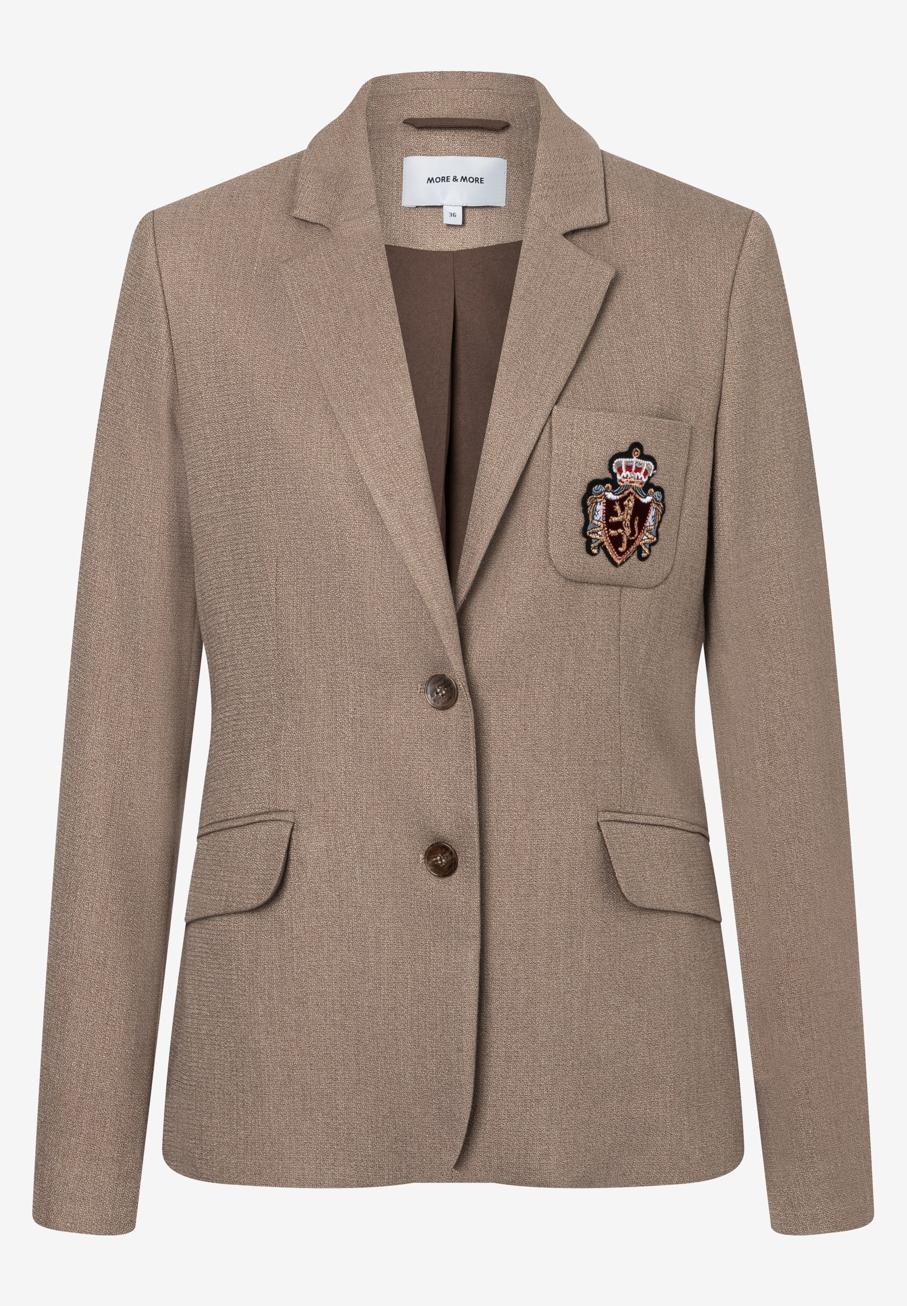 MORE & MORE Damen-Blazer in Beige mit Brustwappen und 2-Knopf-Verschluss. Webware mit angenehmem Tragekomfort. MORE & MORE Damen-Blazer in Beige mit Brustwappen und 2-Knopf-Verschluss. Webware mit angenehmem Tragekomfort.