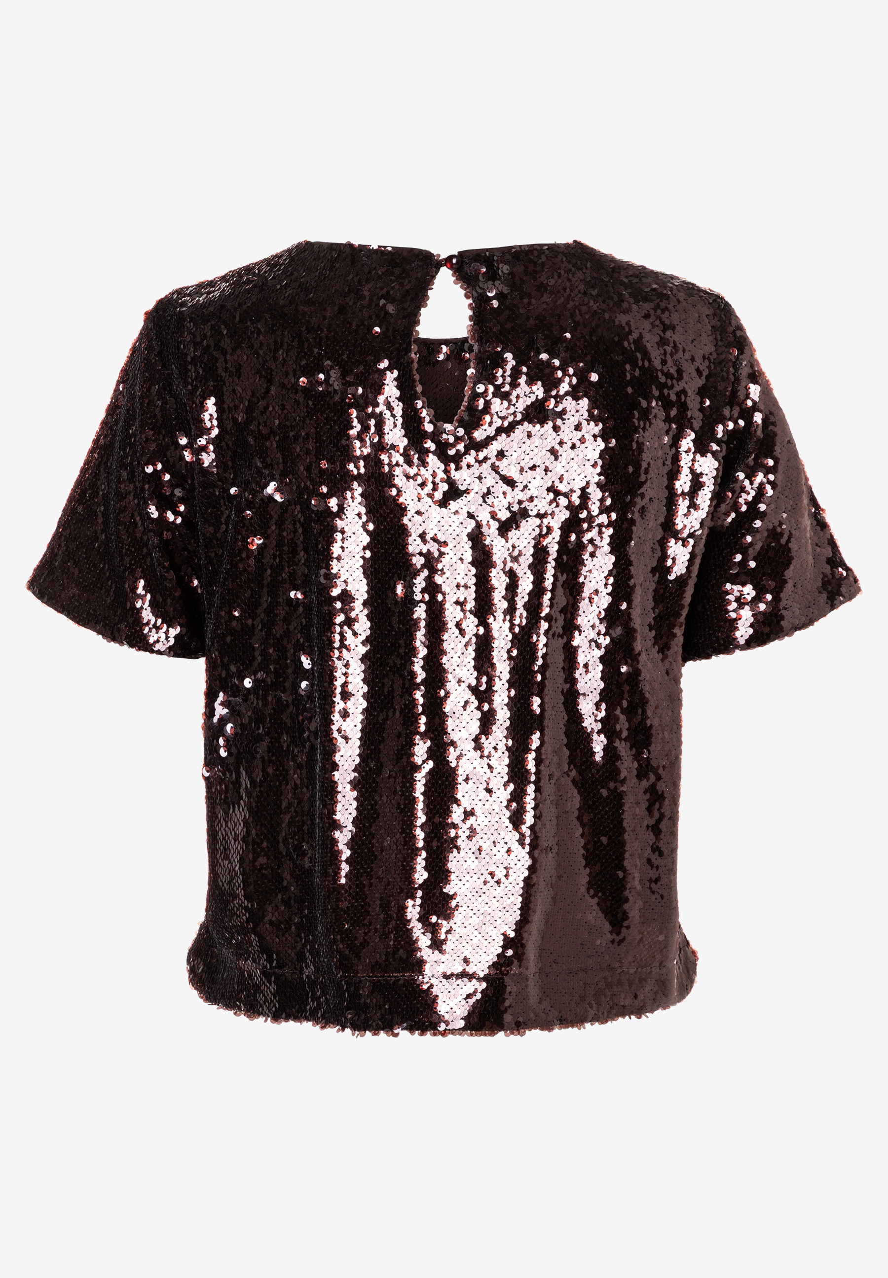 Eine glänzende MORE & MORE Bluse mit braunen Pailletten und kurzem Arm. Eine glänzende MORE & MORE Bluse mit braunen Pailletten und kurzem Arm.